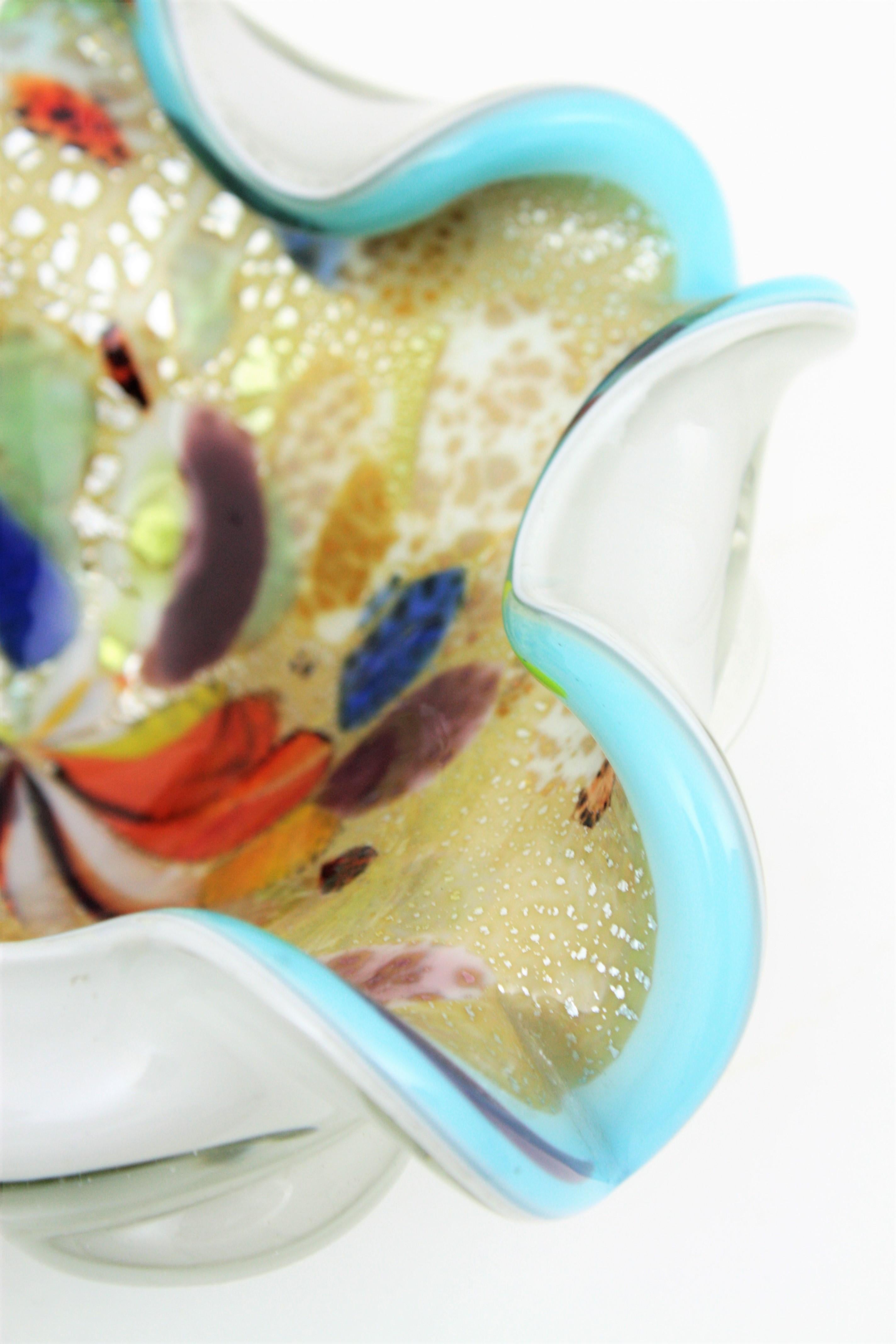 Hand-Crafted Dino Martens AVEM Multicolor Murrine Millefiori Blue Rim Art Glass Bowl For Sale