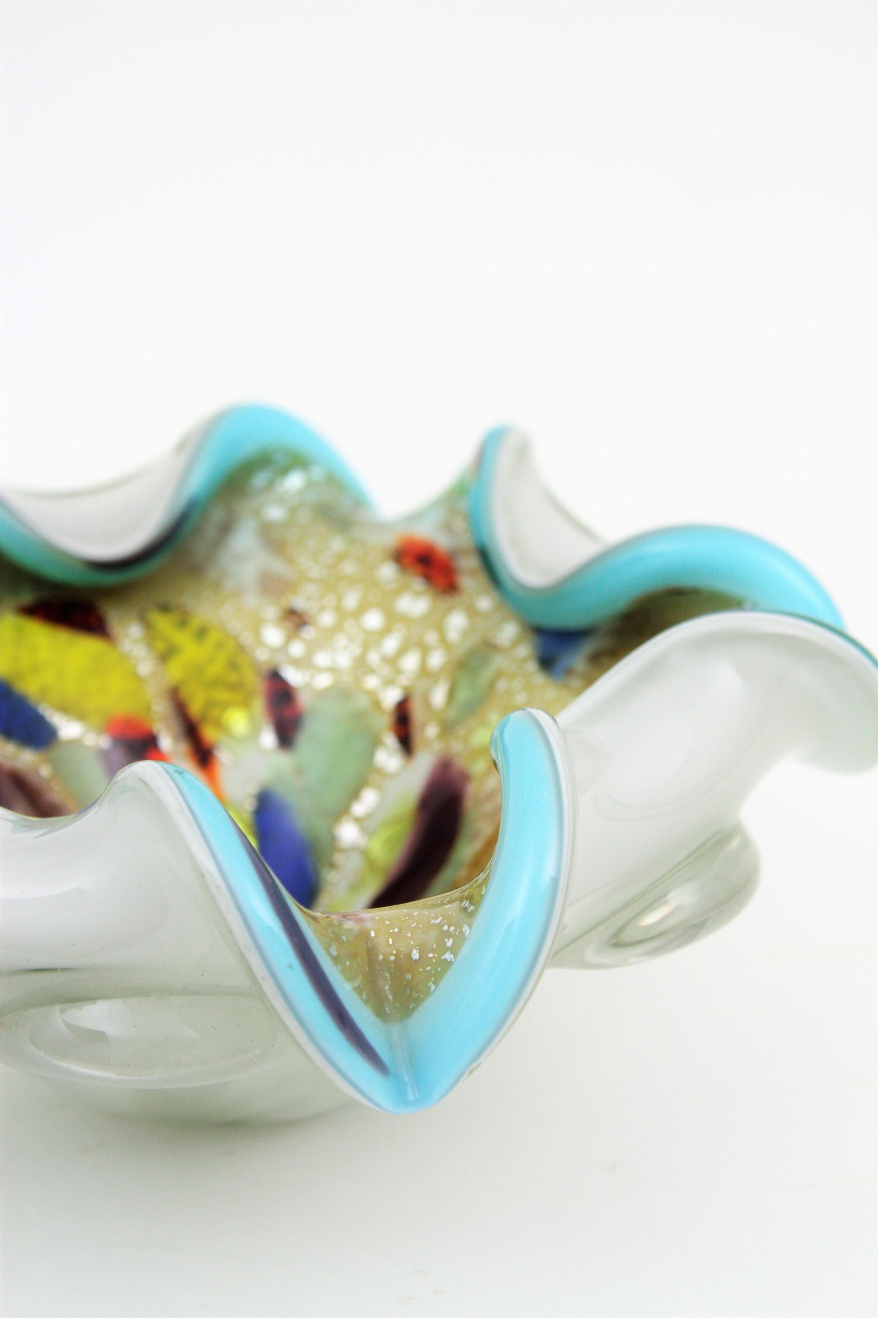 20th Century Dino Martens AVEM Multicolor Murrine Millefiori Blue Rim Art Glass Bowl For Sale