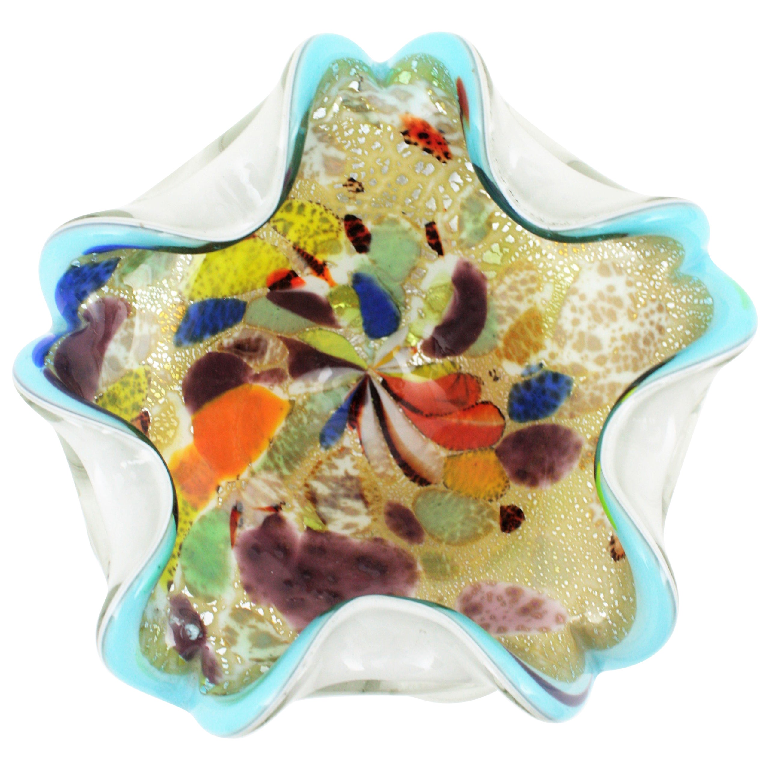 Dino Martens AVEM Multicolor Murrine Millefiori Blue Rim Art Glass Bowl For Sale