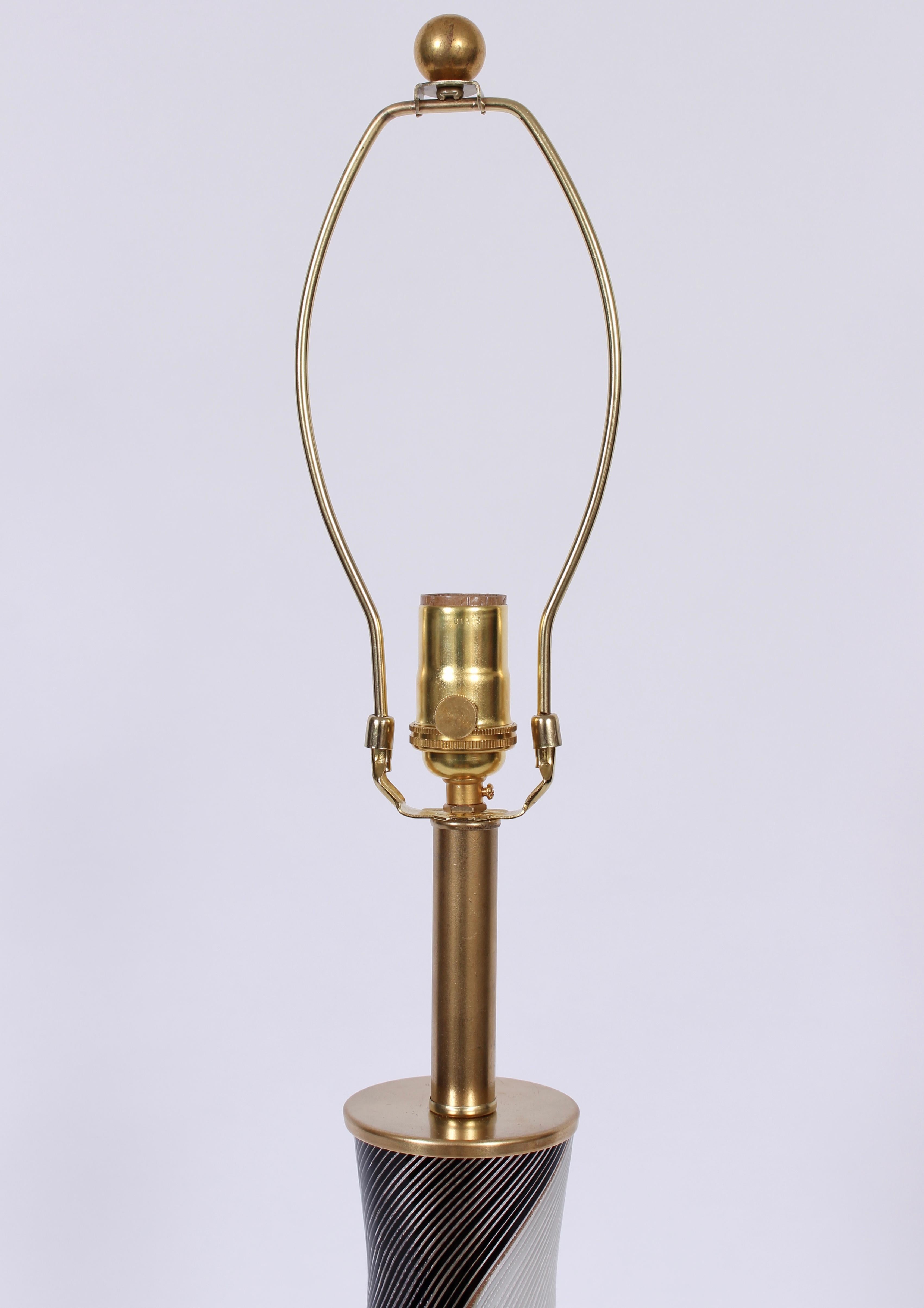 Italian Dino Martens Mezza Filigrana Murano Glass Table Lamp in Black, White & Copper  For Sale