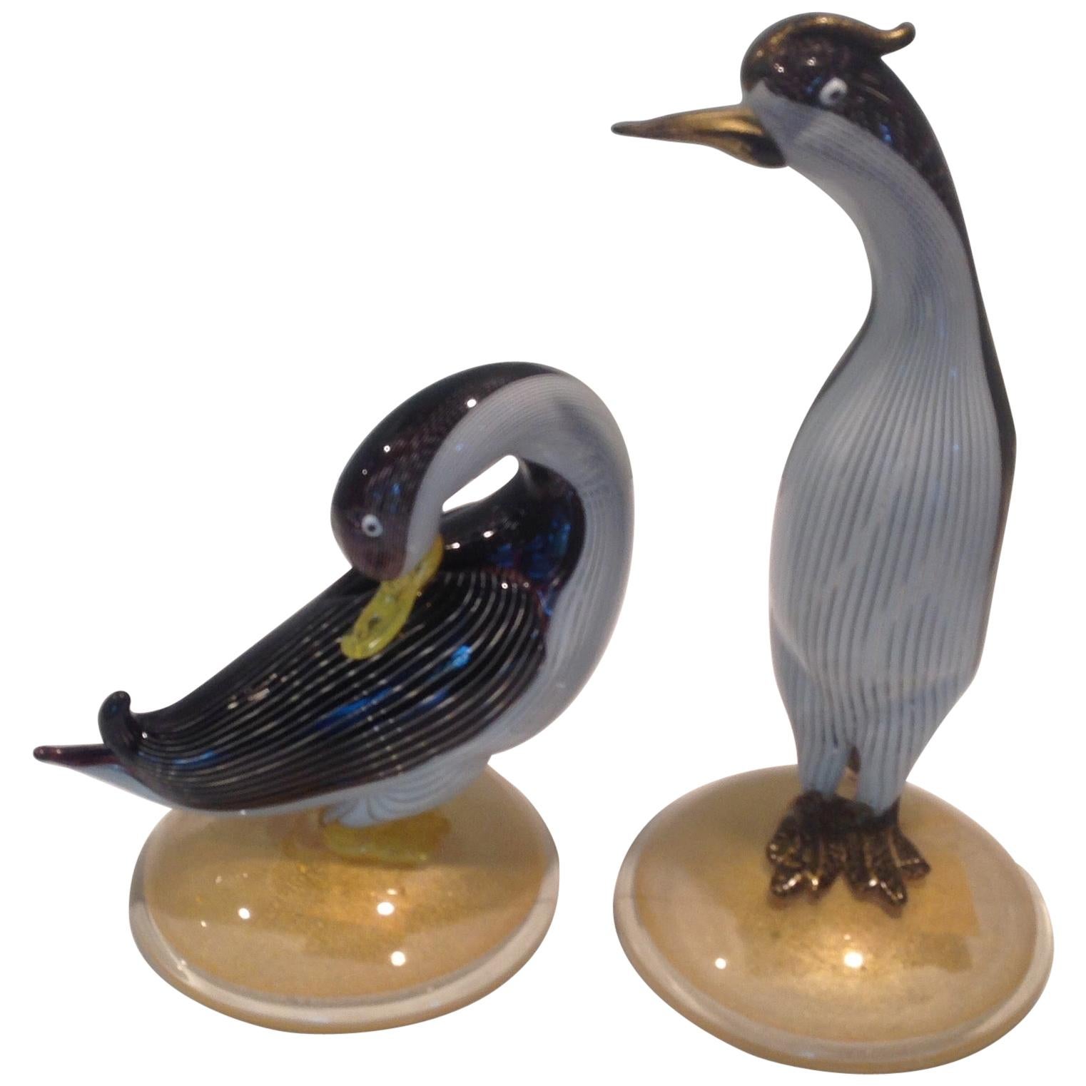 Dino Martens for Aureliano Toso Pair of Half Filligree Murano Birds, circa 1954
