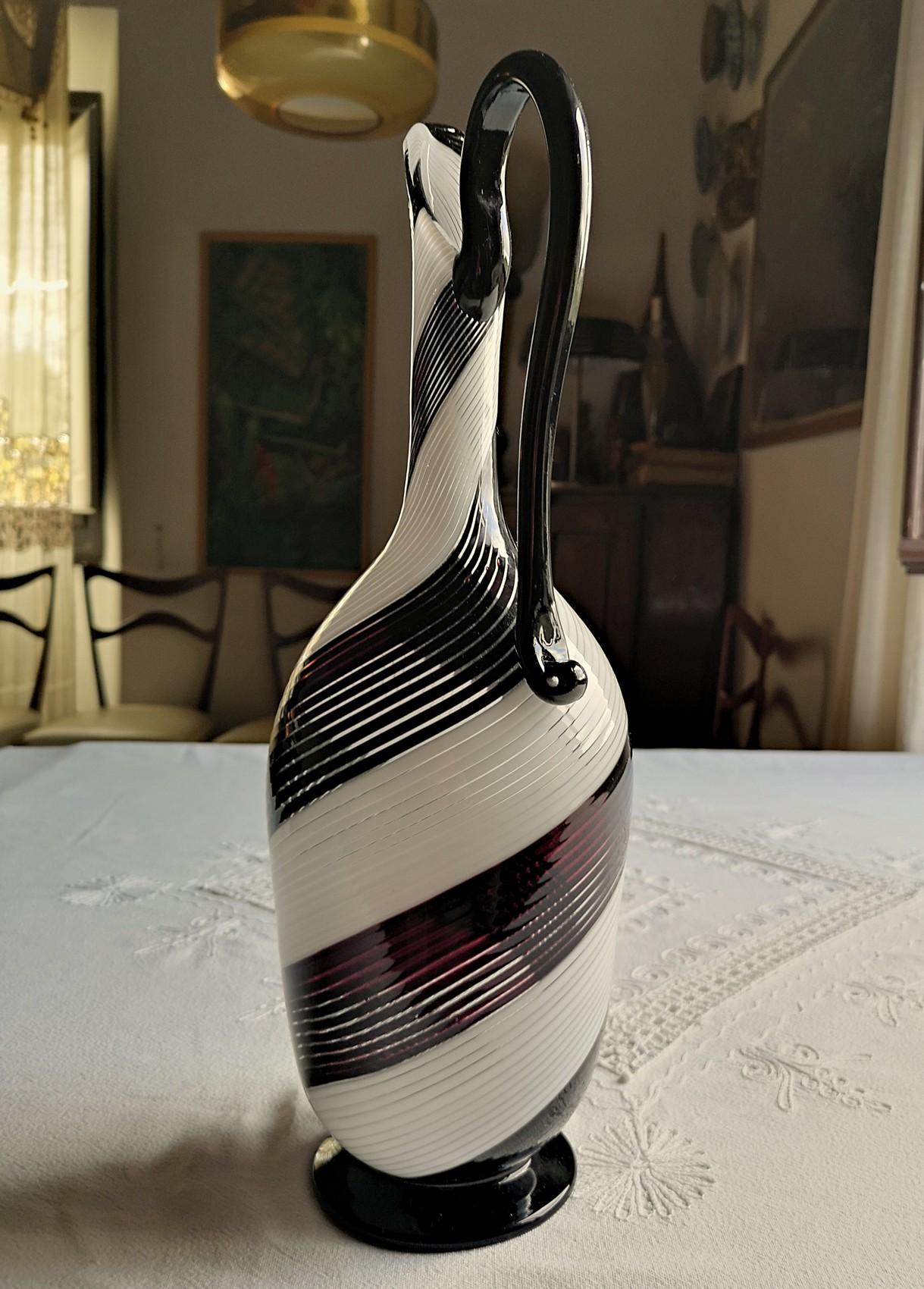 Mid-Century Modern Dino Martens for Aureliano Toso, Pitcher, Twist Filigrana Black and White, 1950s