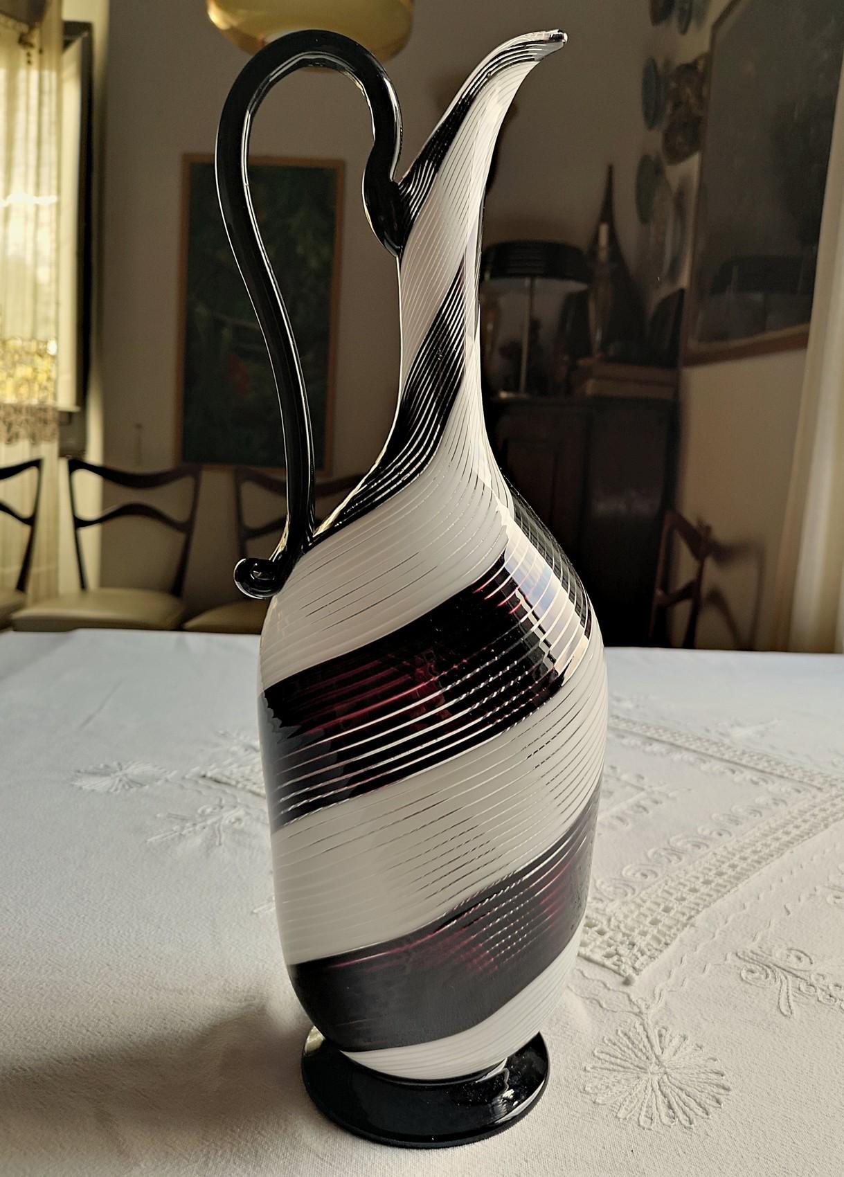 Italian Dino Martens for Aureliano Toso, Pitcher, Twist Filigrana Black and White, 1950s