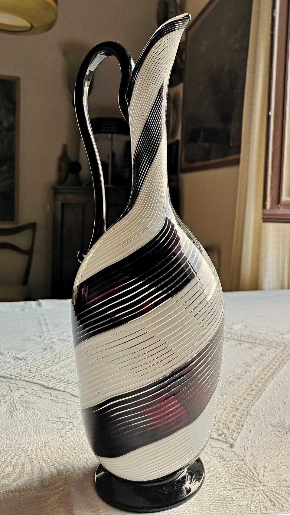 Art Glass Dino Martens for Aureliano Toso, Pitcher, Twist Filigrana Black and White, 1950s