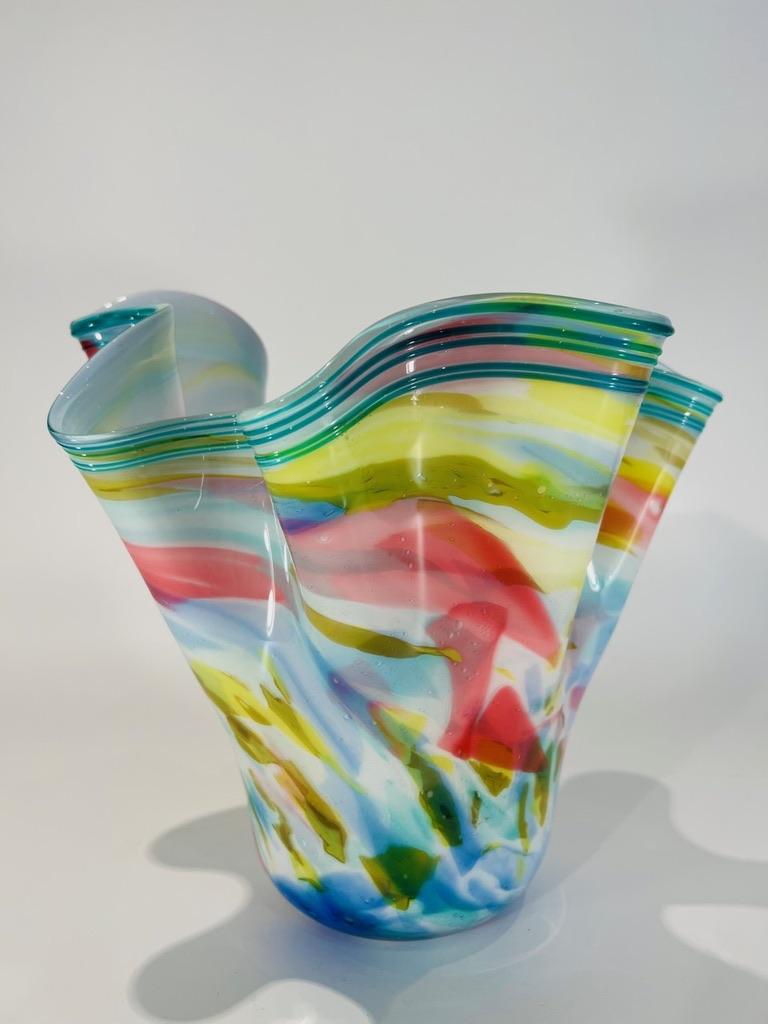 Incredible multicolor vase with applied glass attributed to Dino Martens 1950 fazzoleto model. 