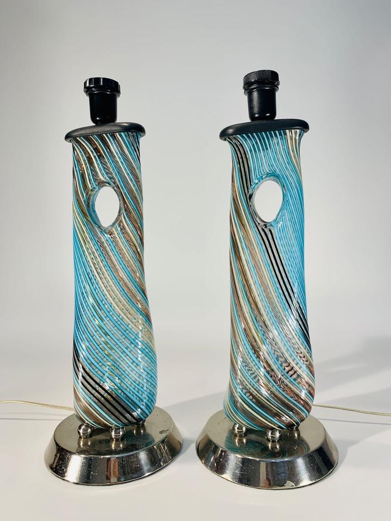 Mid-Century Modern Dino Martens Italian Multicolor 1950 Murano Glass pair of table lamps. For Sale