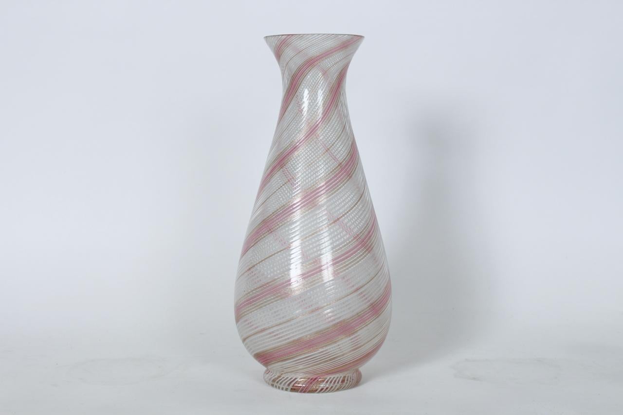 Mid-Century Modern Dino Martens Mezza Filigrana Pink, White & Rose Gold Murano Vase, 1950's For Sale