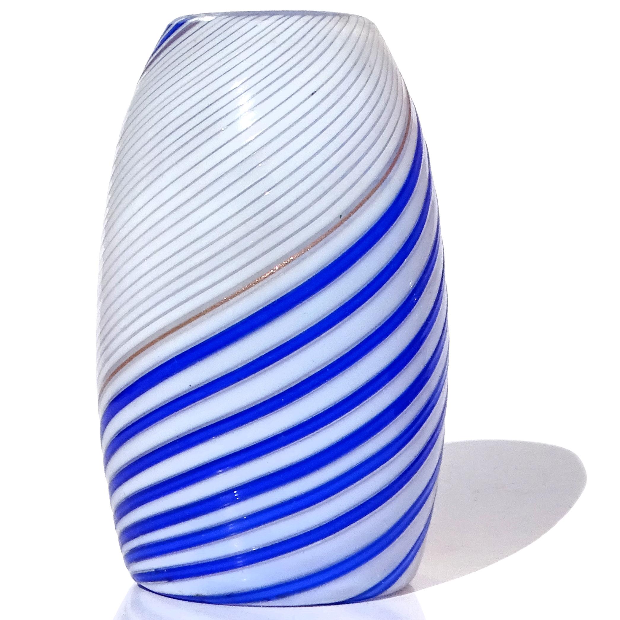 Hand-Crafted Dino Martens Murano 1950s Blue White Aventurine Italian Art Glass Flower Vase For Sale