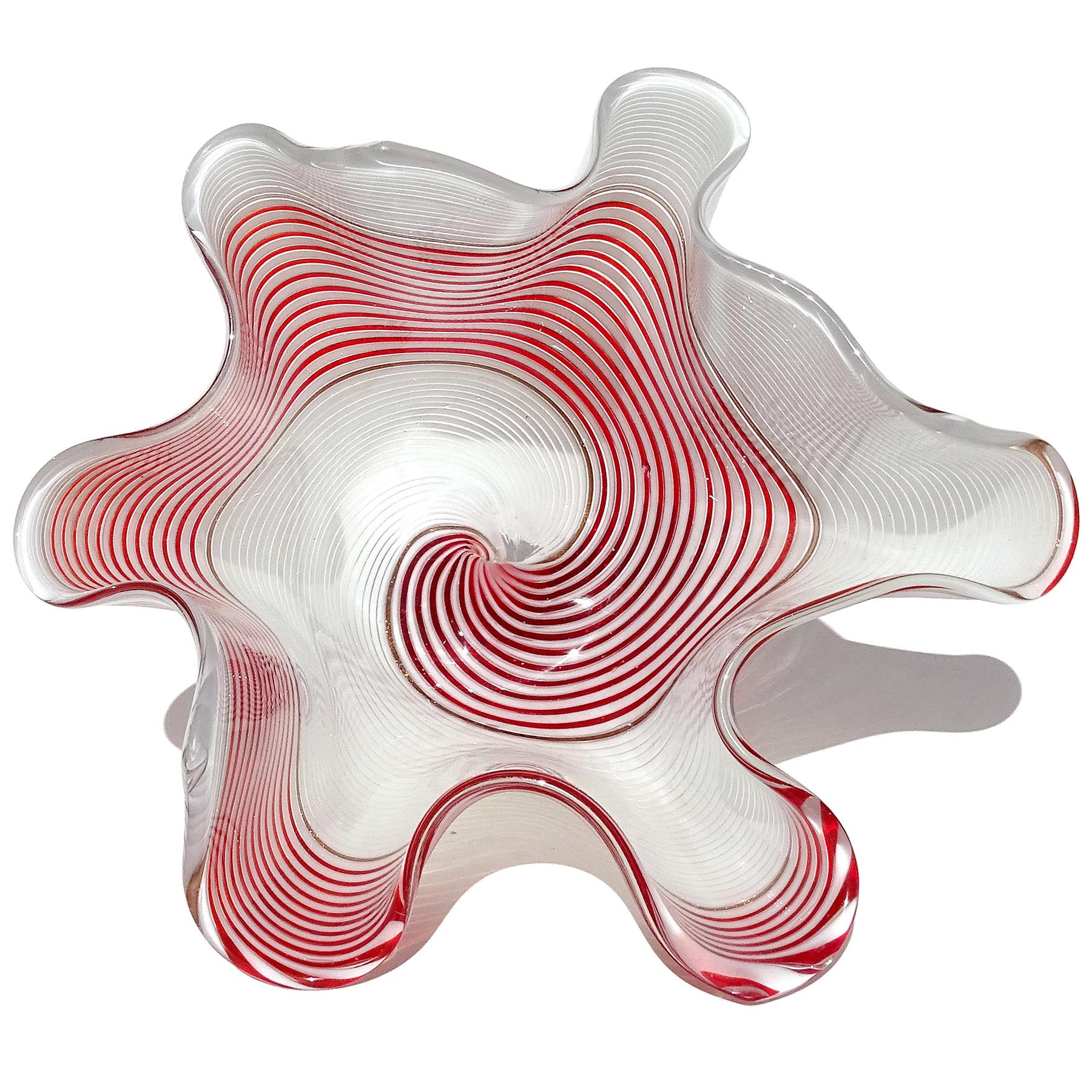 Dino Martens Murano 1950s Red White Ribbons Italian Art Glass Fazzoletto Vase For Sale 4