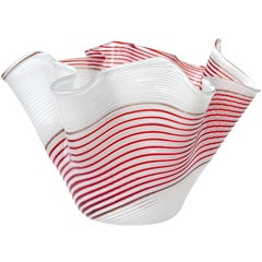 Dino Martens Murano 1950s Red White Ribbons Italian Art Glass Fazzoletto Vase