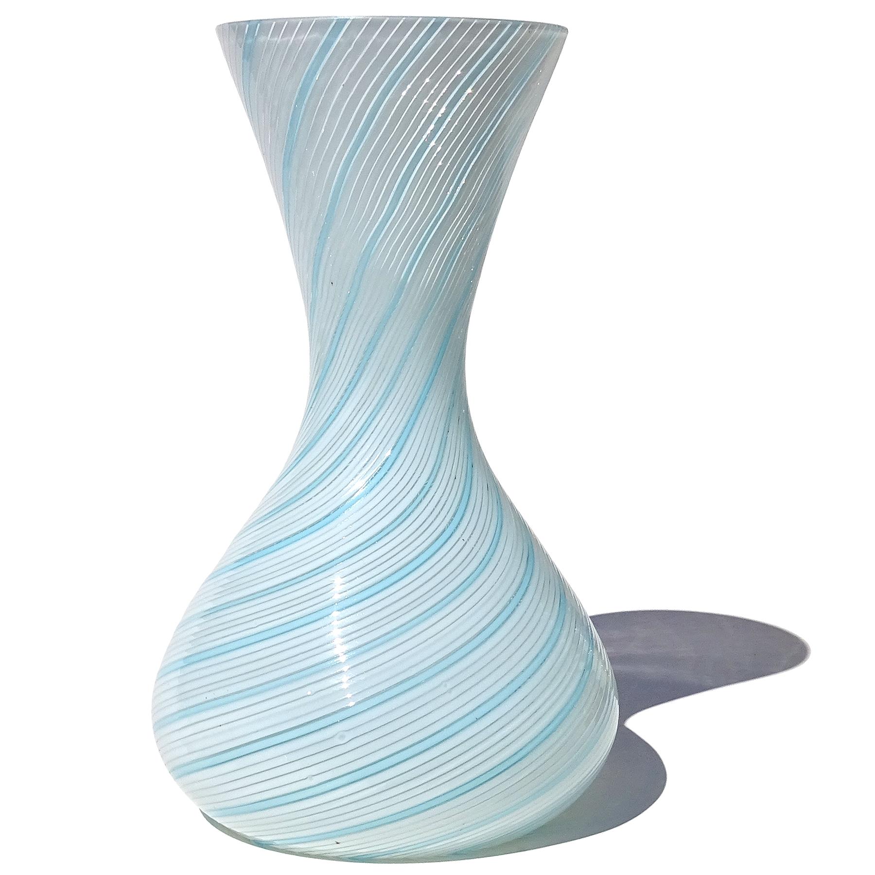 Mid-Century Modern Dino Martens Murano 1950s White Sky Blue Ribbons Italian Art Glass Flower Vase For Sale