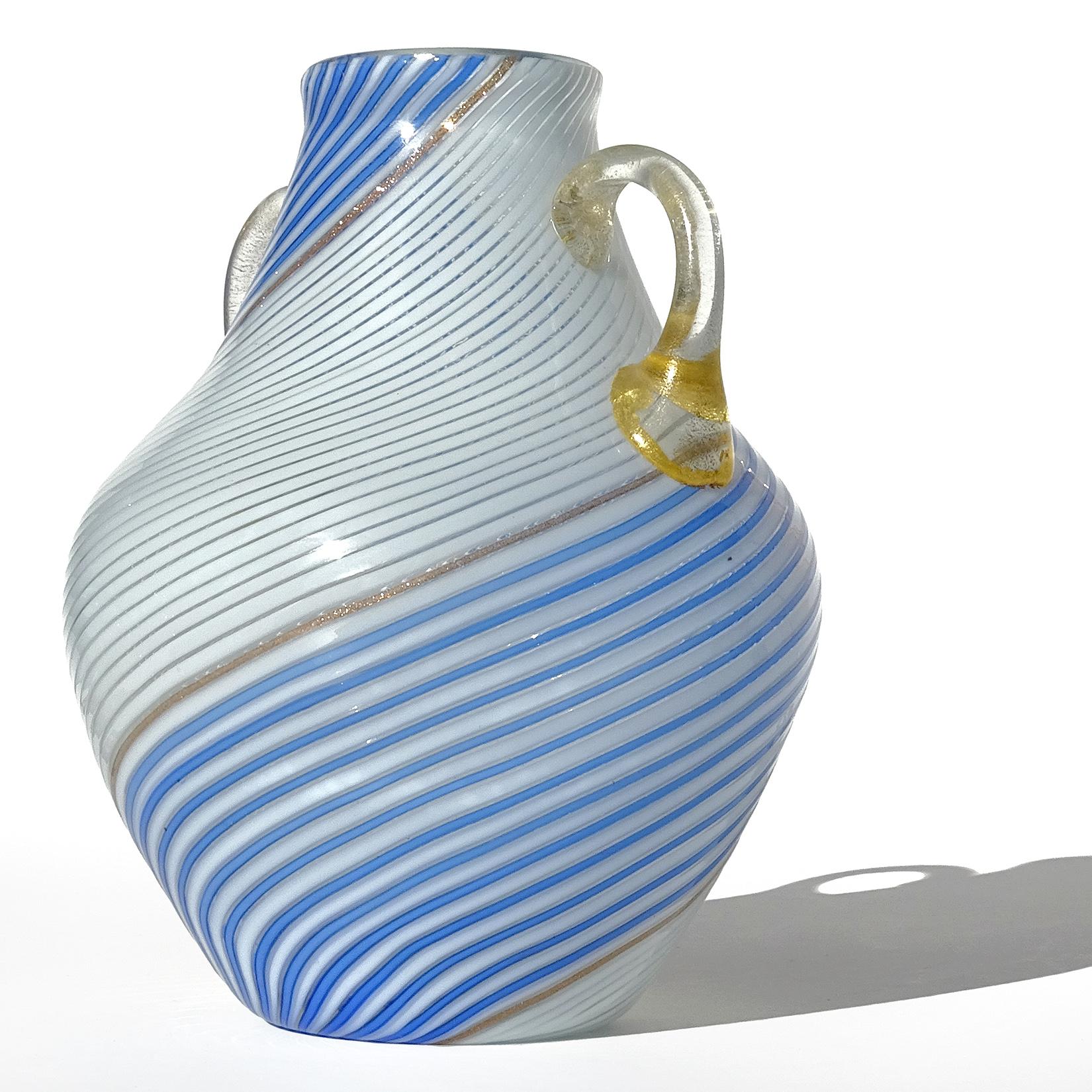 Mid-Century Modern Dino Martens Murano 50s White Blue Ribbons Gold Italian Art Glass Flower Vase For Sale