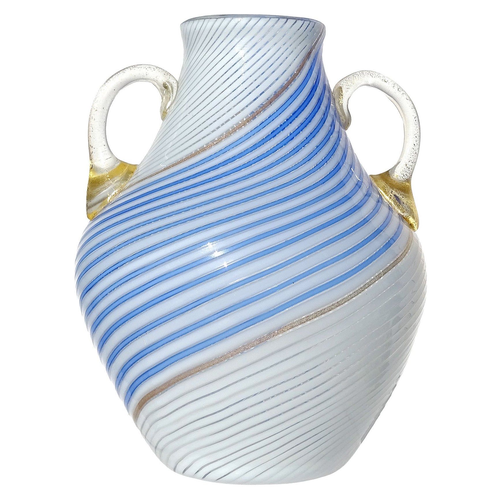 Dino Martens Vaso di fiori in vetro artistico italiano anni '50, bianco, blu e con nastri d'oro in vendita