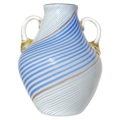 Dino Martens Murano 50s Weiß Blau Bänder Gold Italienische Kunst Glas Blumenvase