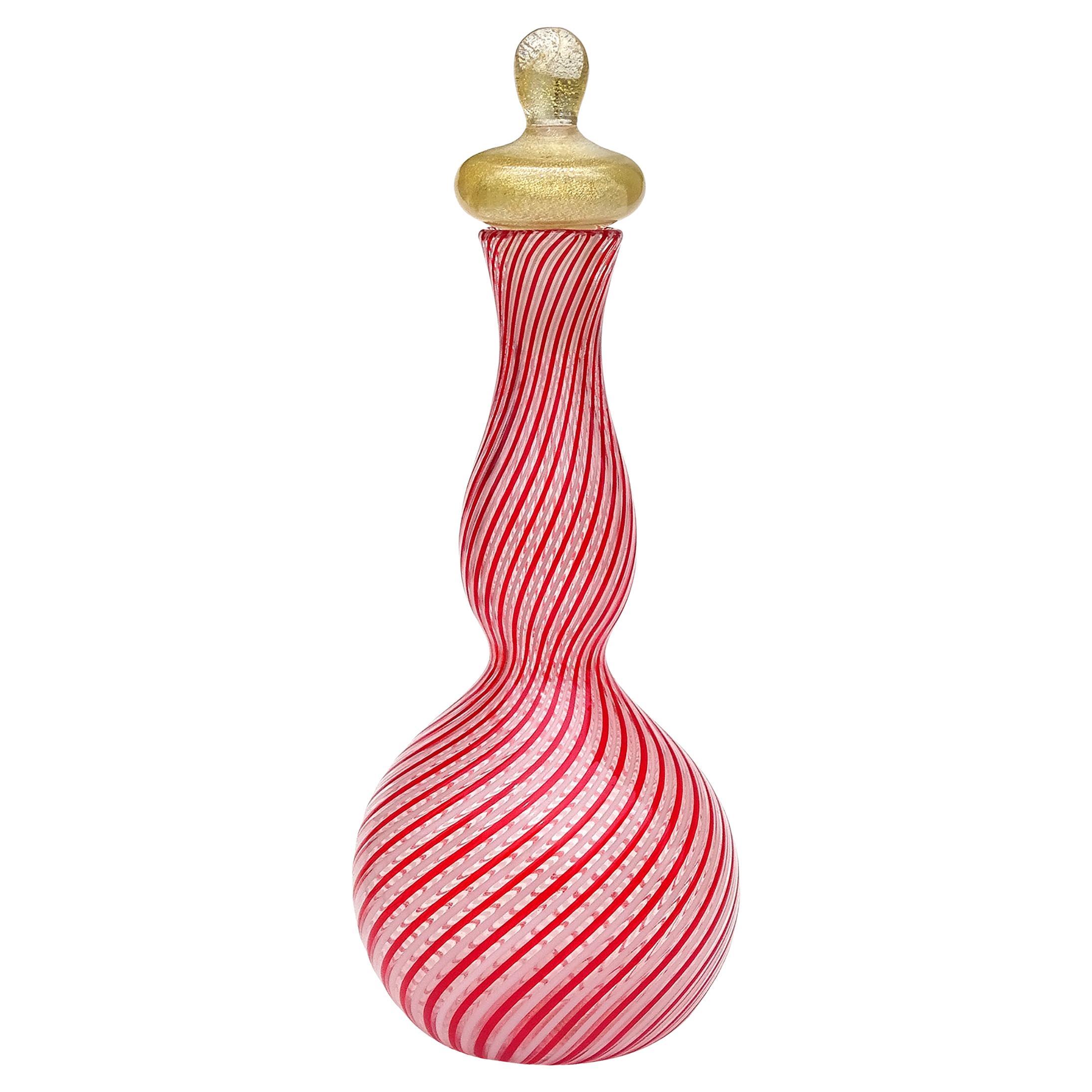 Dino Martens Murano Art Glass Red White Gold Flecks Italian Bottle Decanter For Sale