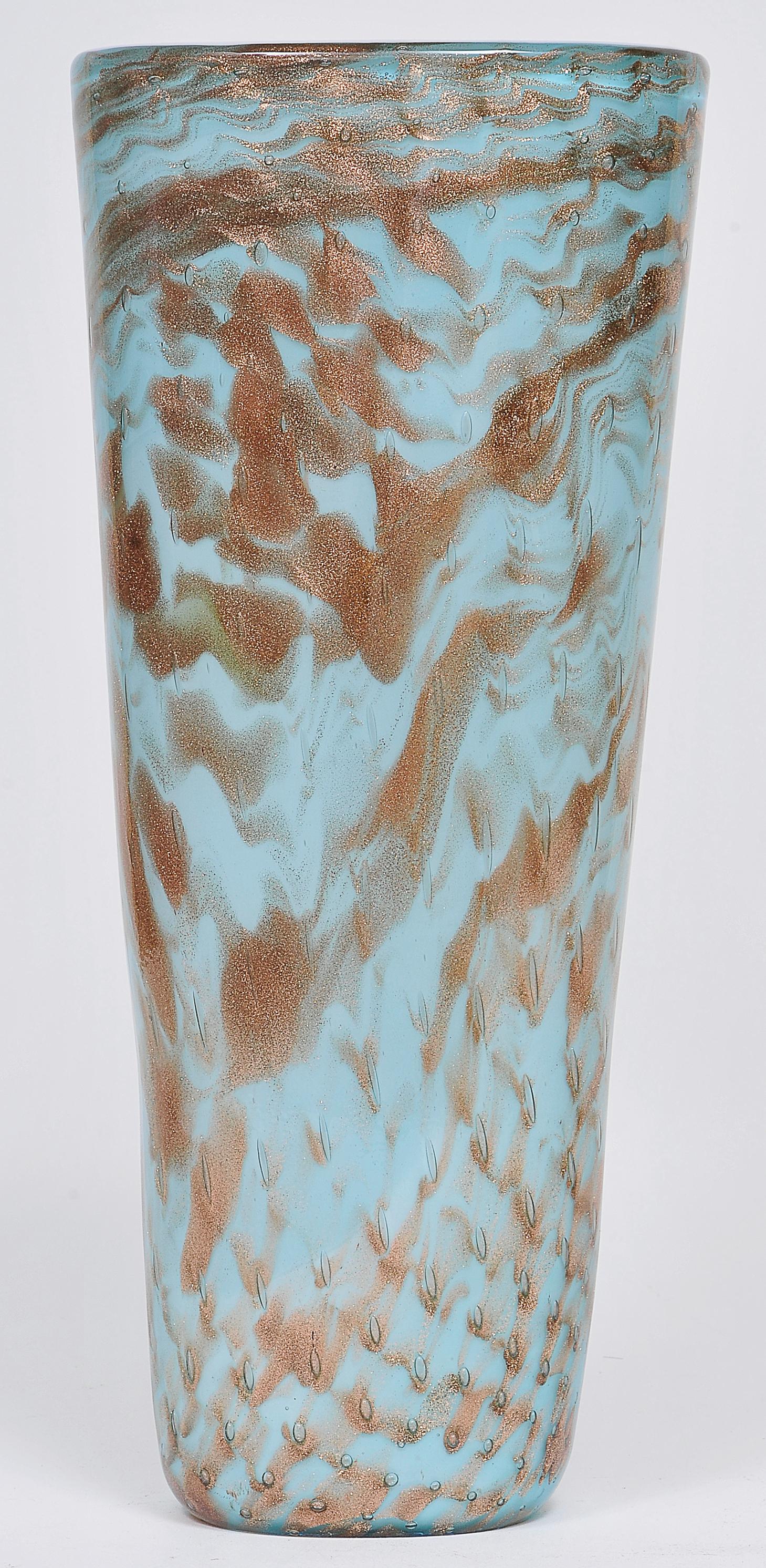 Large and tall Dino Martens Murano artistic blown doble glass vase with aventurine and air bubbles, circa 1950.
