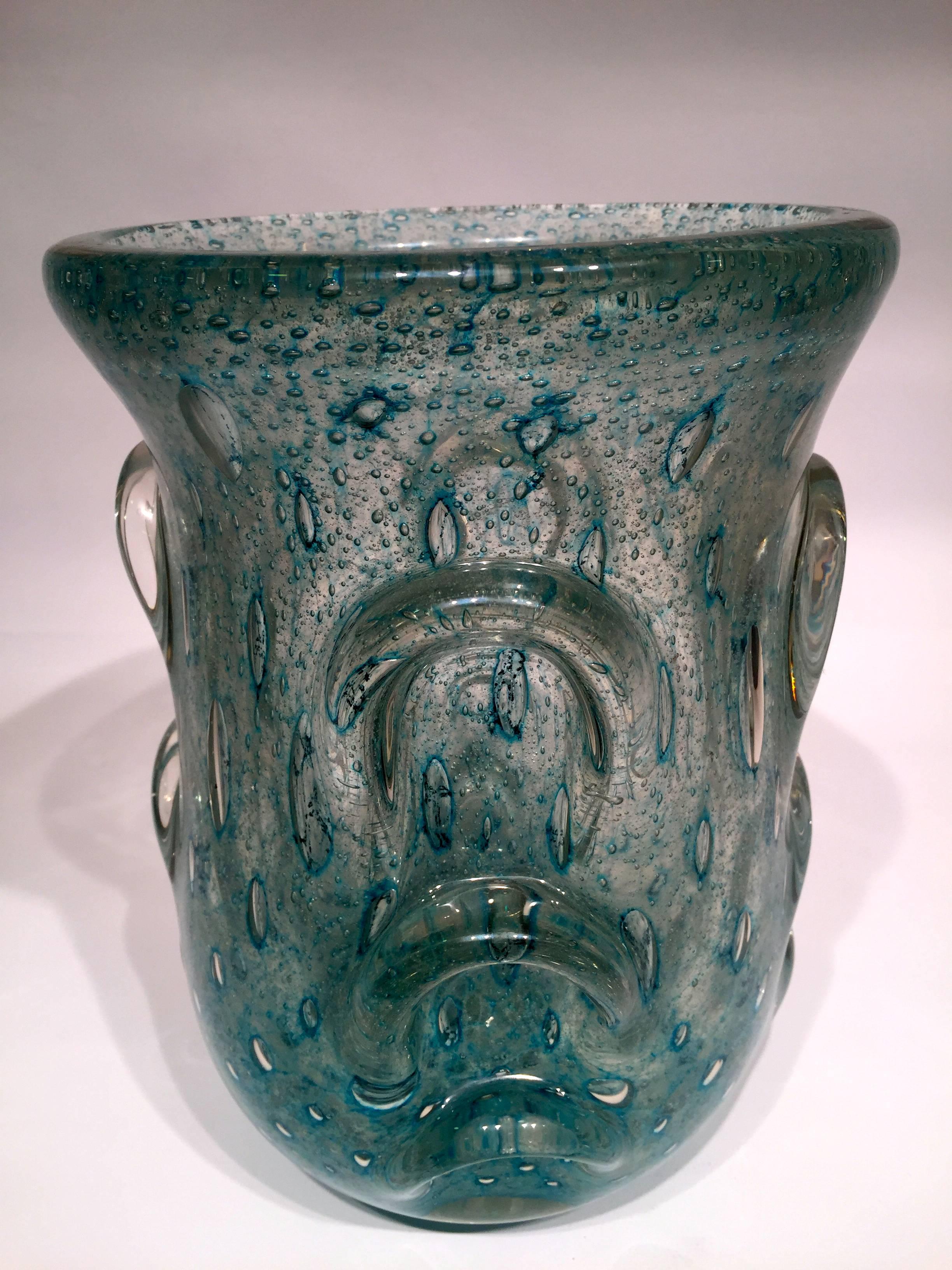Italian Barovier & Toso  Murano Artistic Blown Glass ‘Cactus’ Blue Vase, circa 1950 For Sale