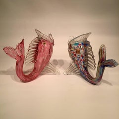 Dino Martens Murano Artistic Blown Glass Fish Multi-Color Vases, circa 1950