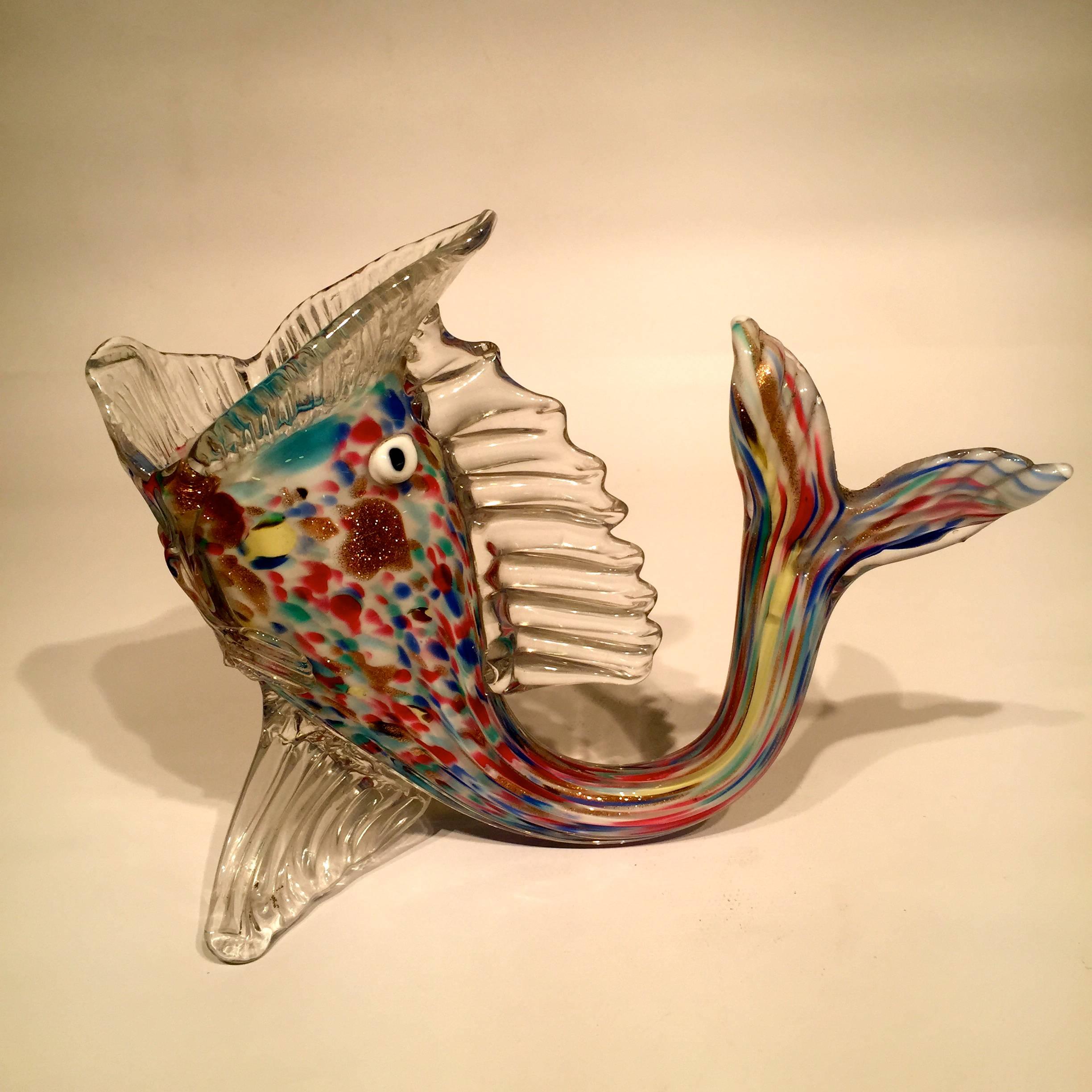 Italian Dino Martens Murano Artistic Blown Glass Fish Multi-Color Vases, circa 1950 For Sale
