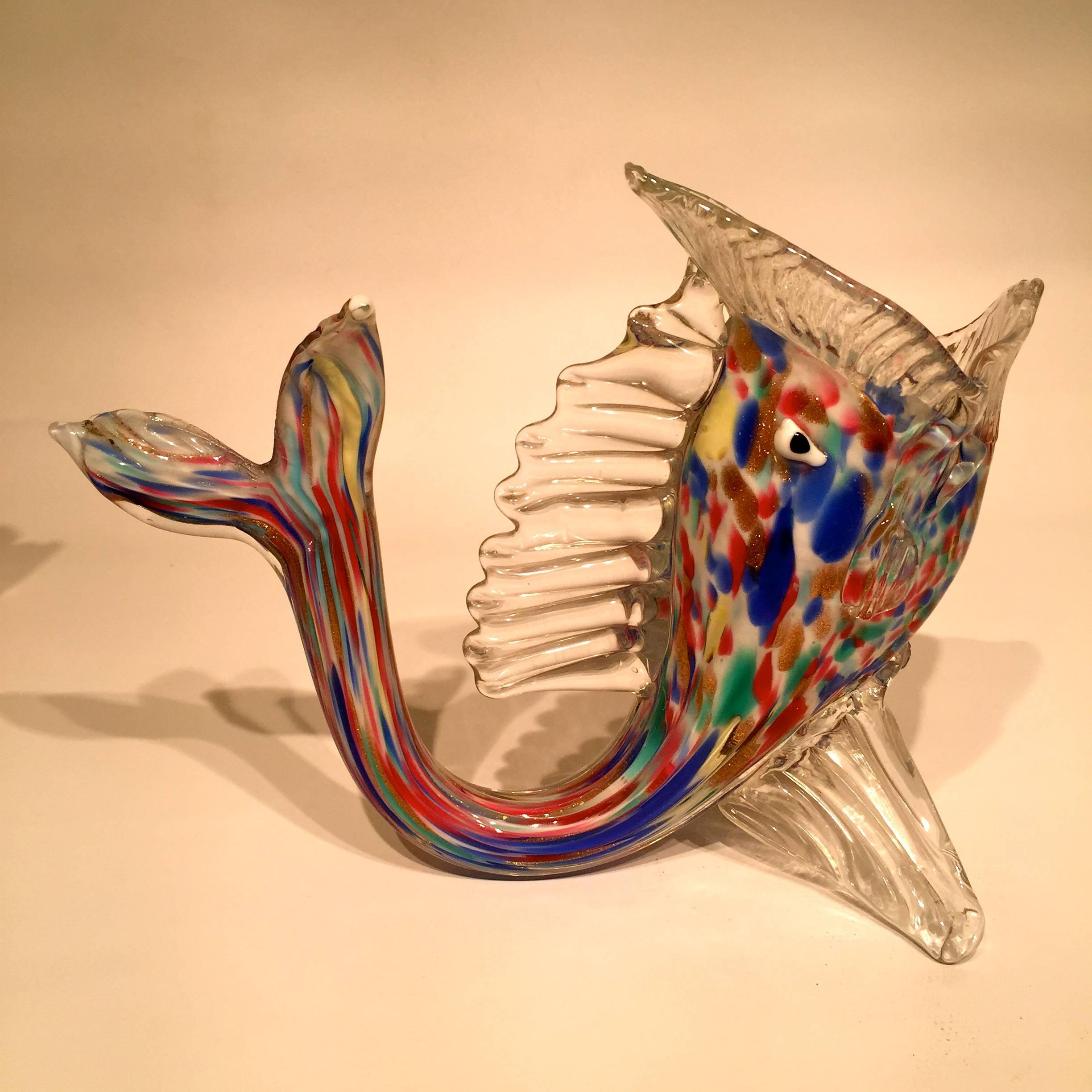 Mid-20th Century Dino Martens Murano Artistic Blown Glass Fish Multi-Color Vases, circa 1950 For Sale