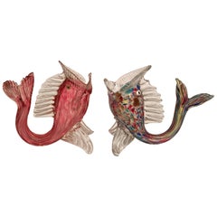 Dino Martens Murano Artistic Blown Glass Fish Multi-Color Vases, circa 1950