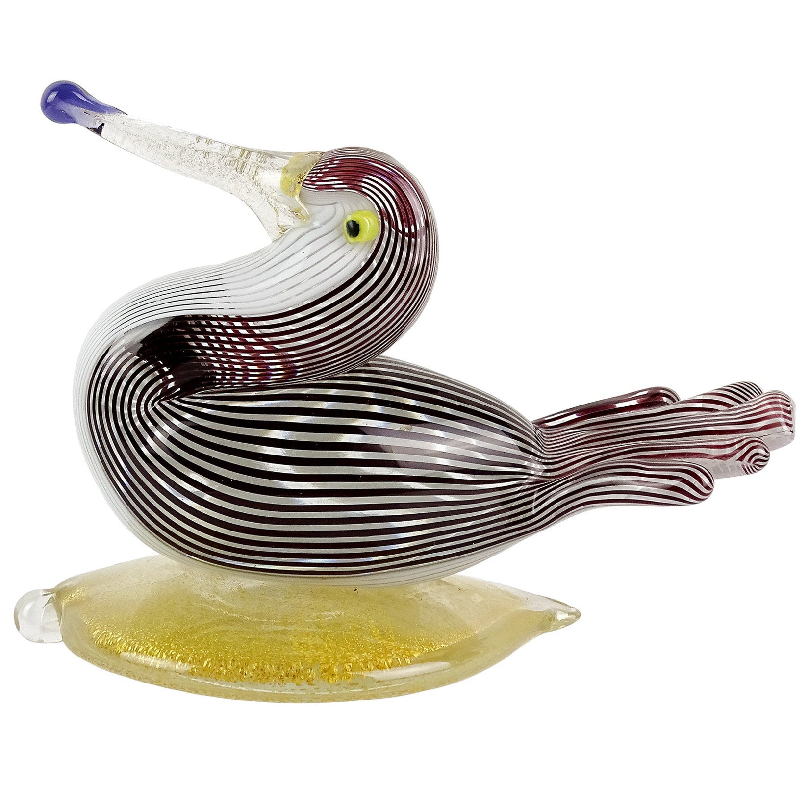 Sculpture d'oiseau en verre d'art italien de Murano de Dino Martens avec base en feuilles d'or blanc et noir