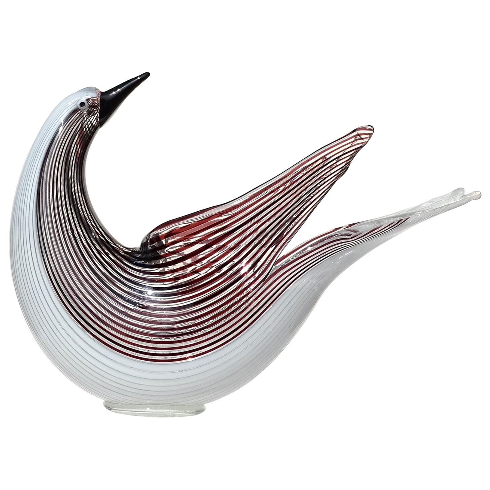 Dino Martens Murano Black White Ribbons Italian Art Glass Sculptural Bird Bowl