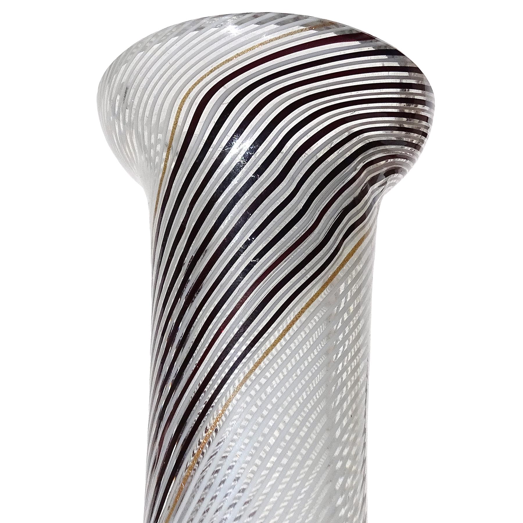 Hand-Crafted Dino Martens Murano Black White Swirl Ribbons Italian Art Glass Flower Vase For Sale