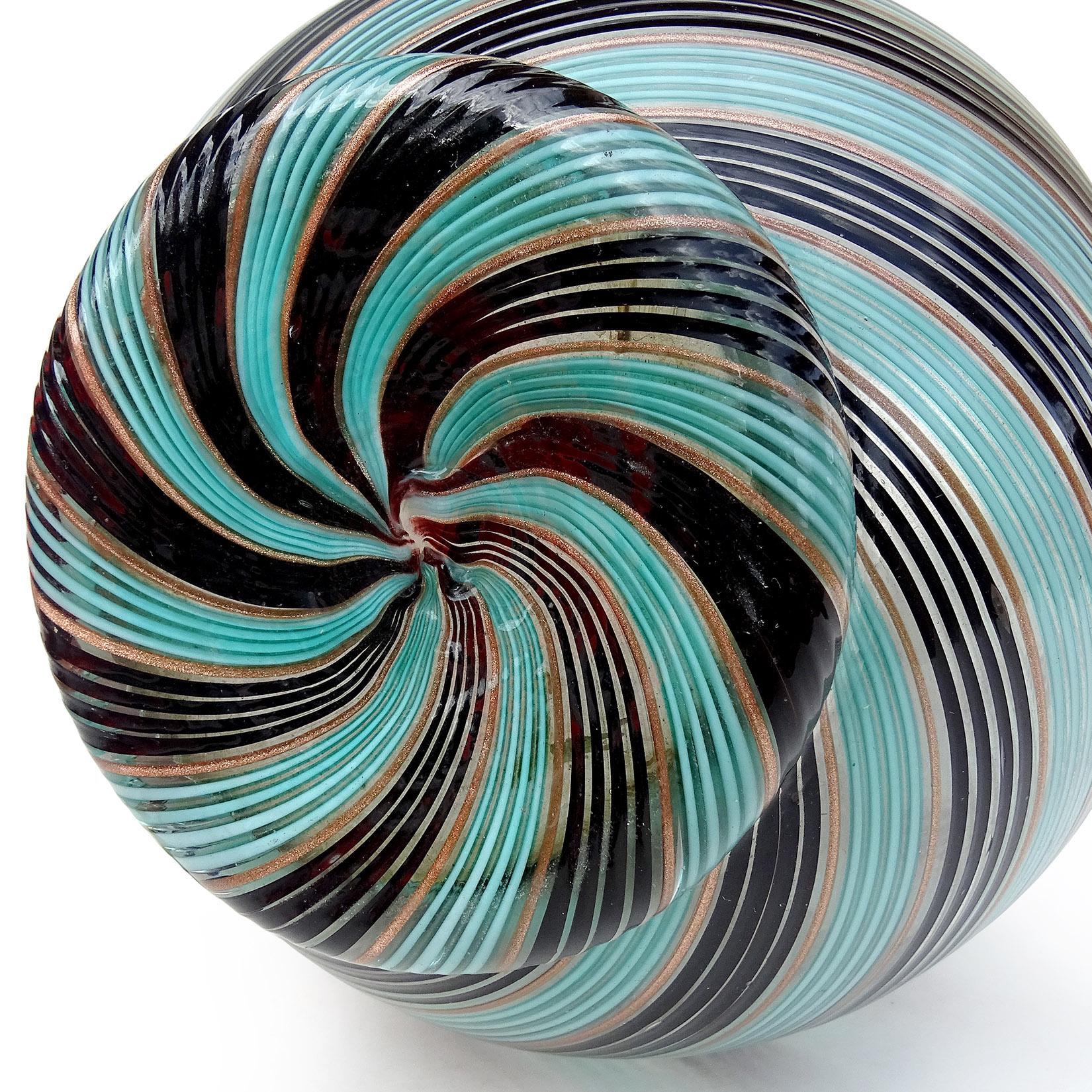 Dino Martens Murano Blue Black Copper Aventurine Italian Art Glass Flower Vase For Sale 2