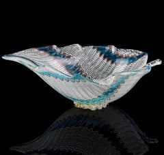 Dino Martens Murano Blue White Aventurine Ribbons Italian Art Glass Leaf Bowl