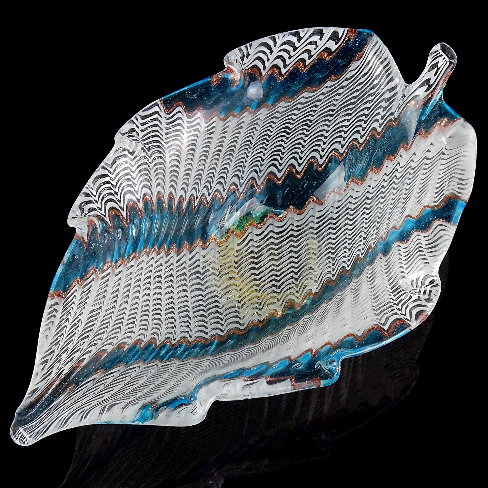 Hand-Crafted Dino Martens Murano Blue White Aventurine Ribbons Italian Art Glass Leaf Bowl