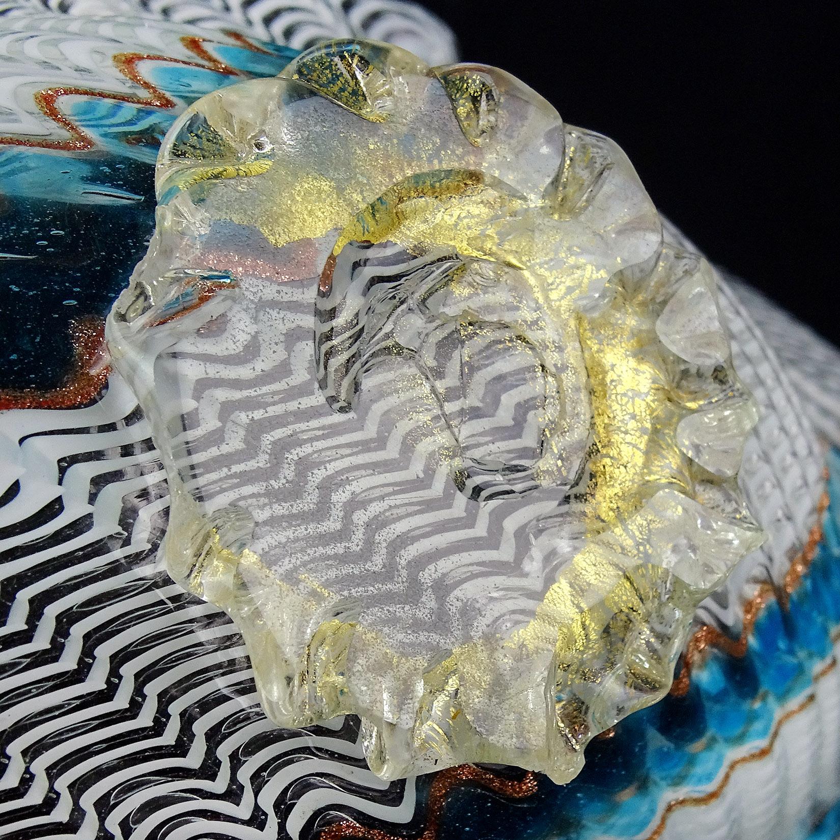 Dino Martens Murano Blue White Aventurine Ribbons Italian Art Glass Leaf Bowl In Good Condition In Kissimmee, FL