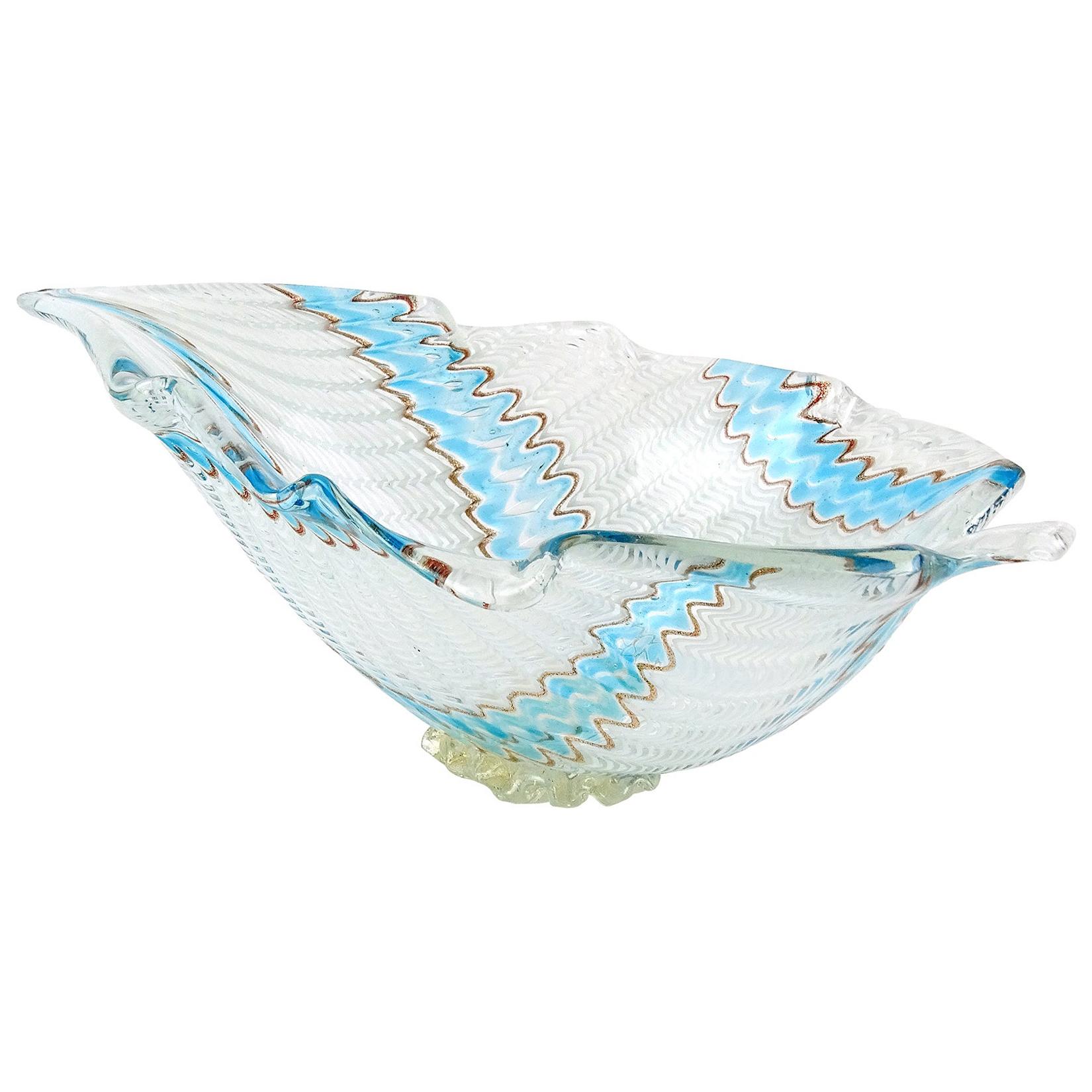 Dino Martens Murano Blue White Aventurine Ribbons Italian Art Glass Leaf Bowl