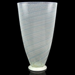 Dino Martens Murano Blue White Ribbons Gold Flecks Italian Art Glass Flower Vase