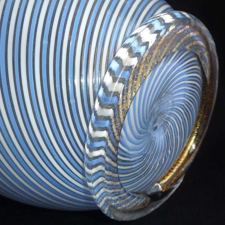 Dino Martens Murano Blue White Ribbons Gold Flecks Italian Art Glass Flower Vase In Good Condition In Kissimmee, FL