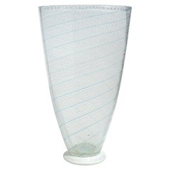 Dino Martens Murano Blue White Ribbons Gold Flecks Italian Art Glass Flower Vase