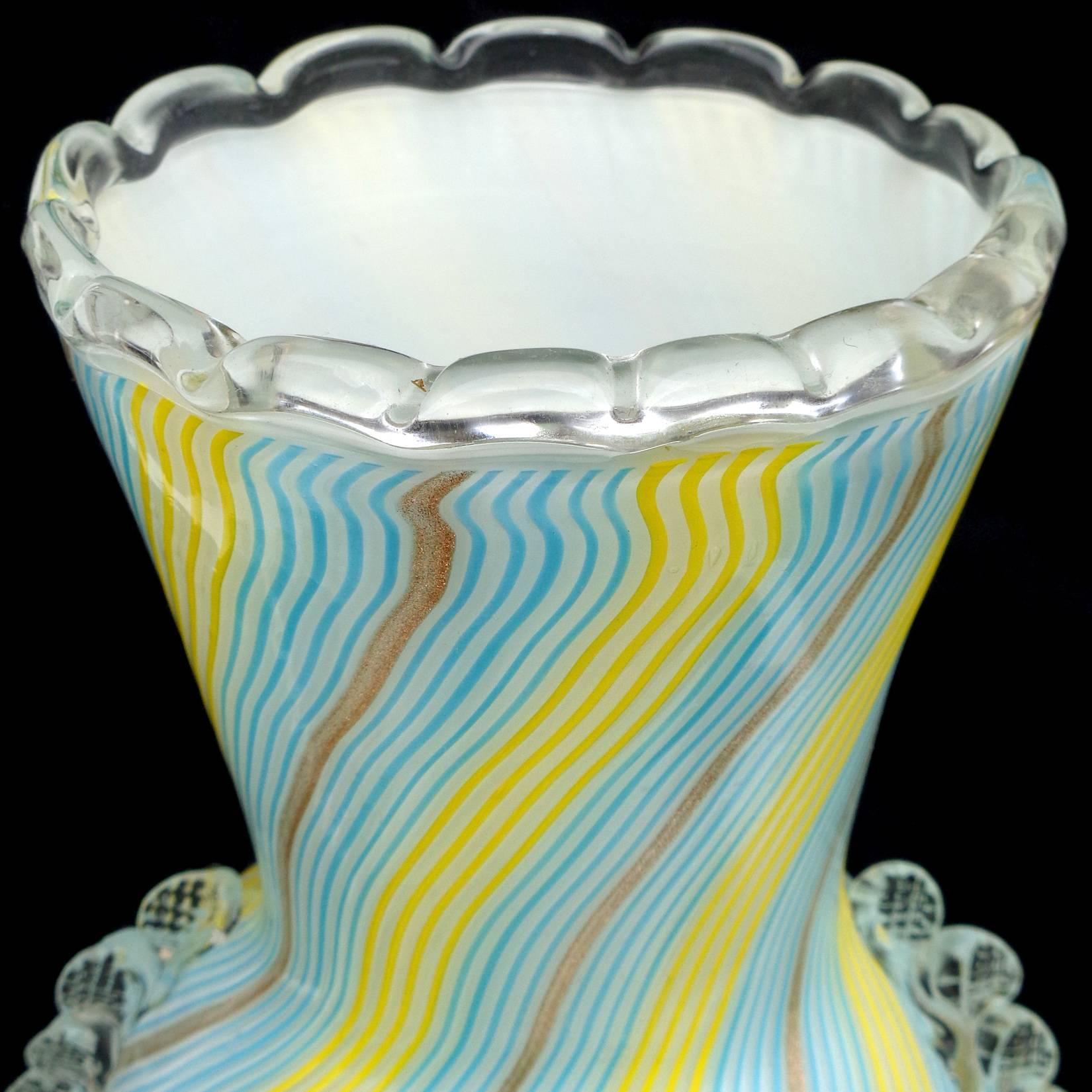 Mid-Century Modern Dino Martens Murano Blue Yellow Aventurine Ribbons Italian Art Glass Flower Vase