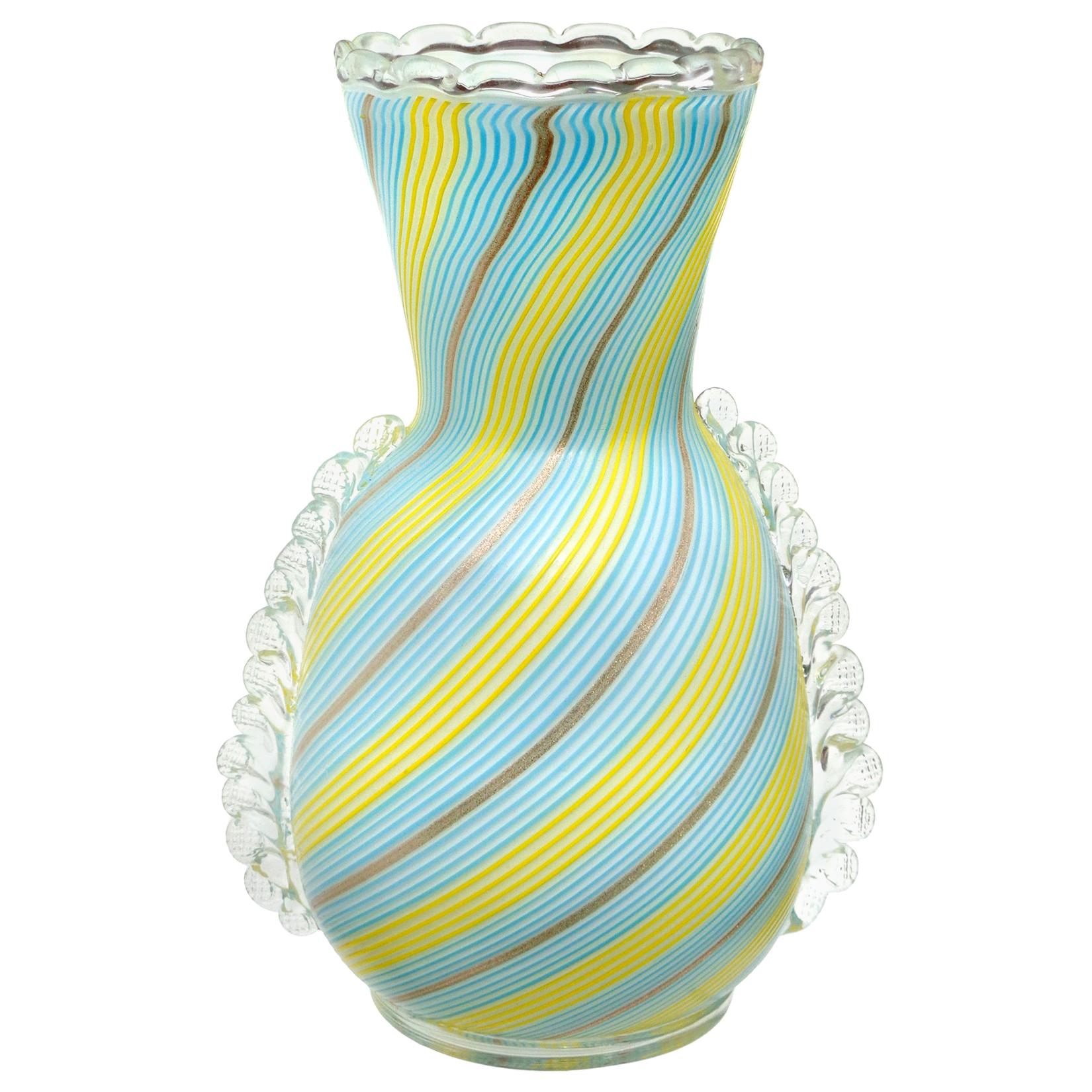 Dino Martens Murano Blue Yellow Aventurine Ribbons Italian Art Glass Flower Vase