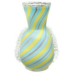 Dino Martens Murano Blue Yellow Aventurine Ribbons Italian Art Glass Flower Vase