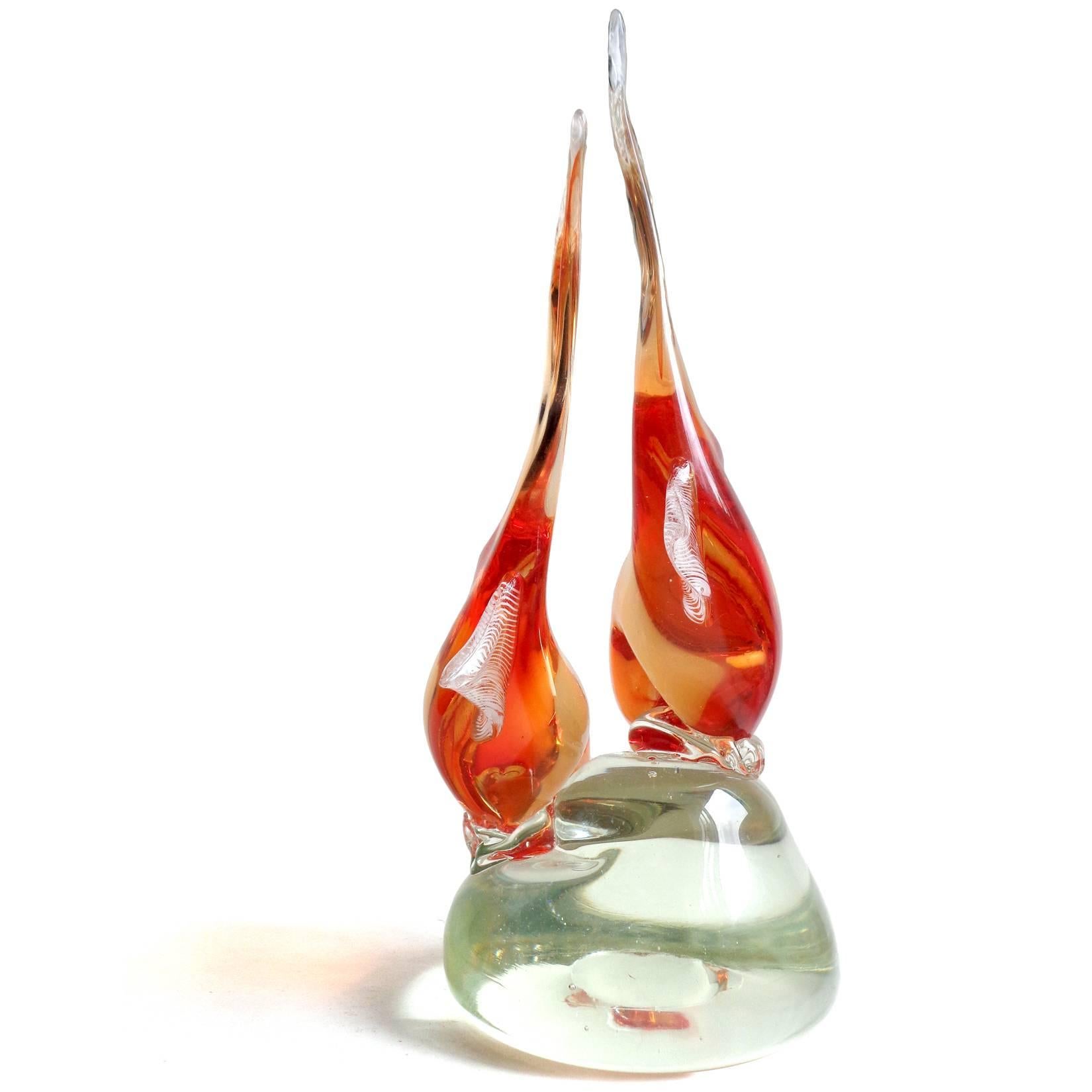 Mid-Century Modern Dino Martens Murano Orange Sommerso Italian Art Glass Double Fish Sculpture For Sale