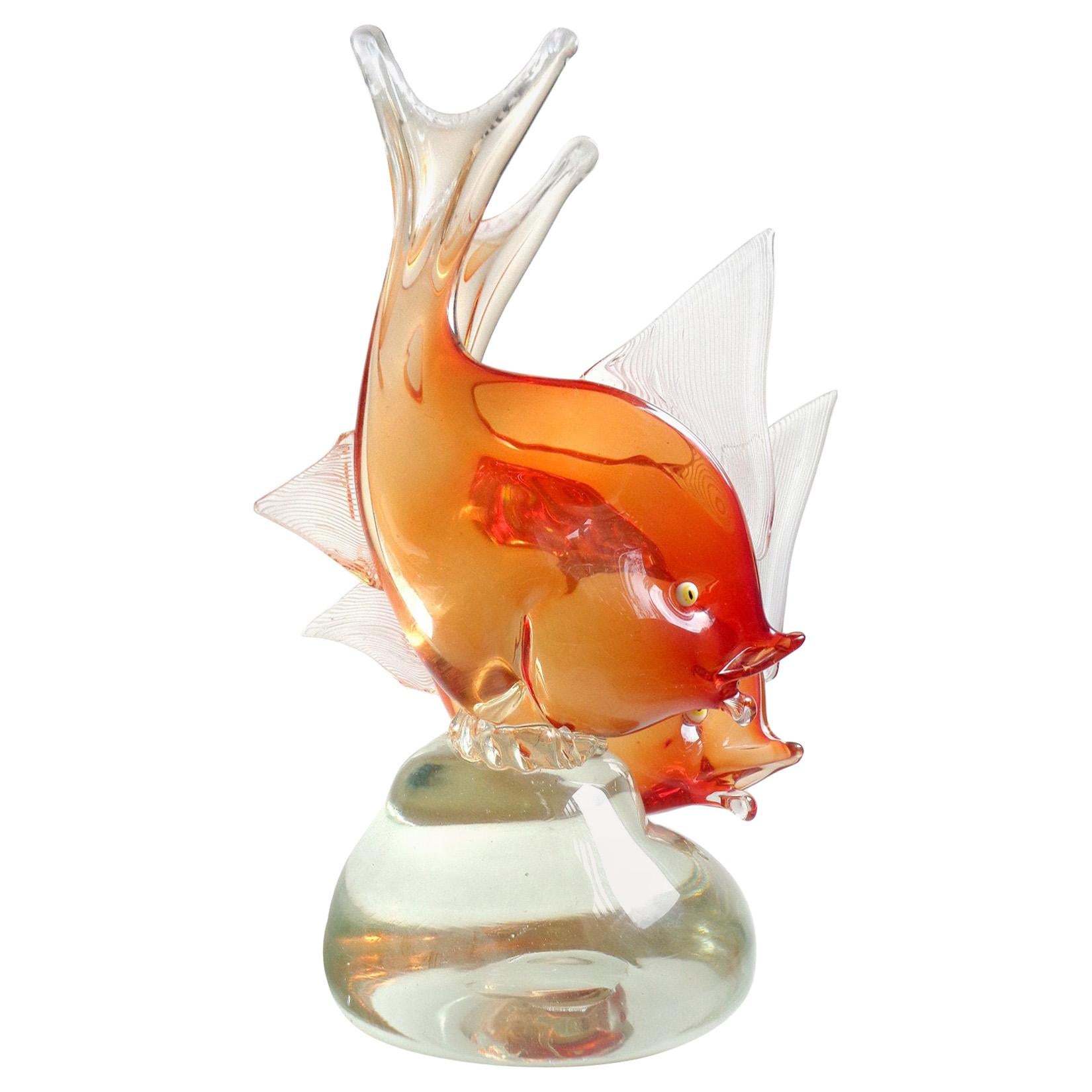 Dino Martens - Sculpture de deux poissons en verre d'art italien Sommerso orange de Murano