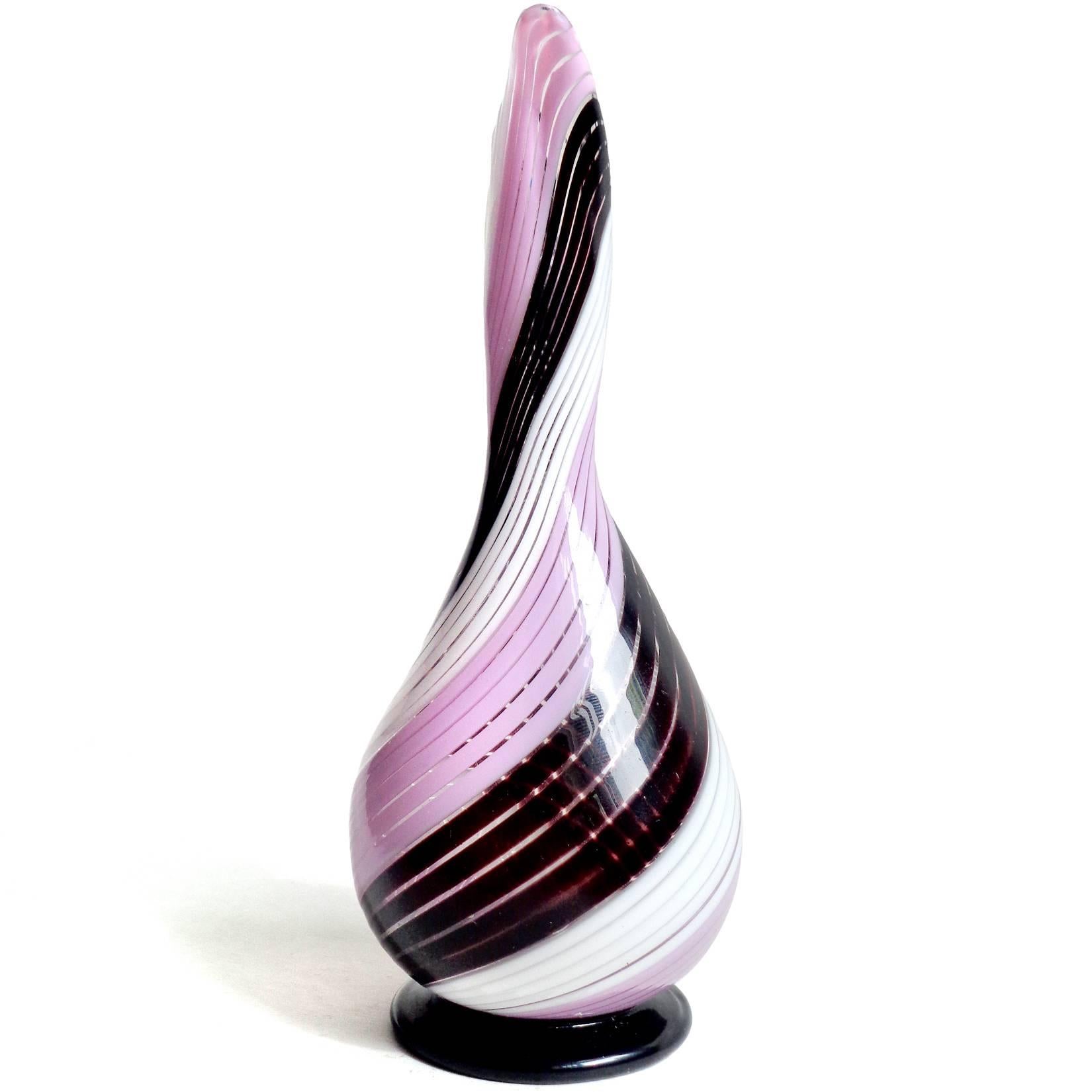 Mid-Century Modern Dino Martens Murano Pink Black White Ribbons Italian Art Glass Pitcher Vase For Sale
