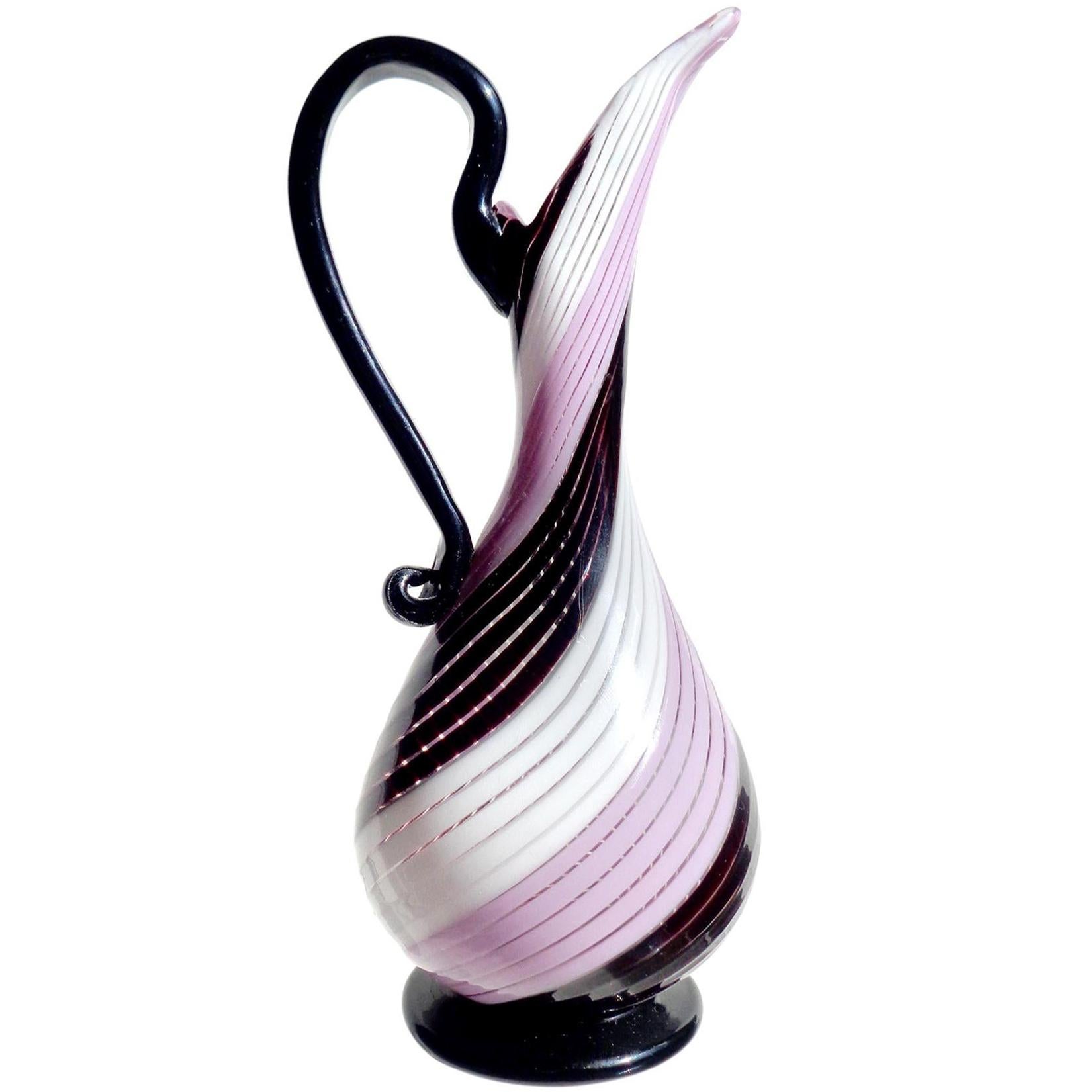 Hand-Crafted Dino Martens Murano Pink Black White Ribbons Italian Art Glass Pitcher Vase For Sale
