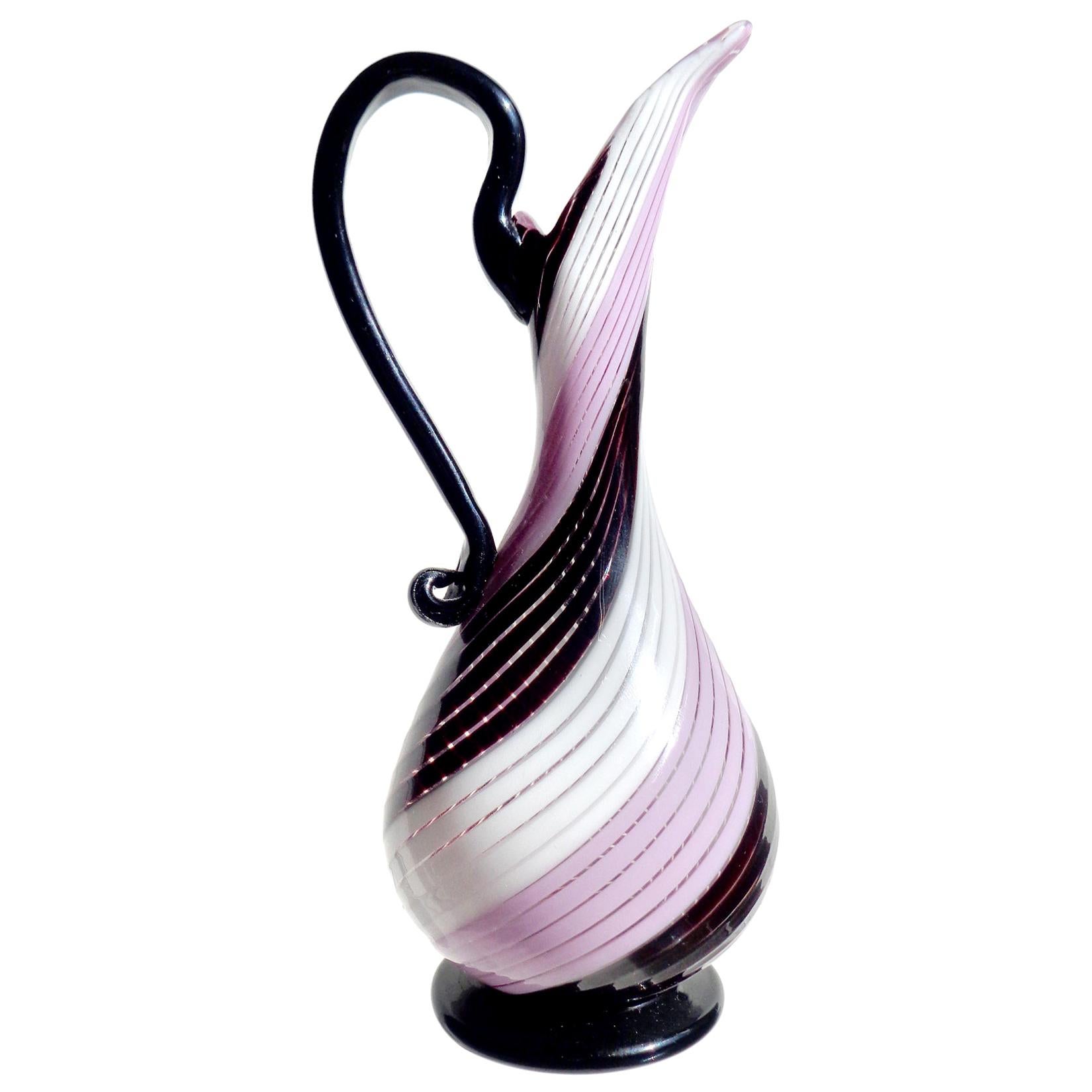 Dino Martens Murano Pink Black White Ribbons Italian Art Glass Pitcher Vase