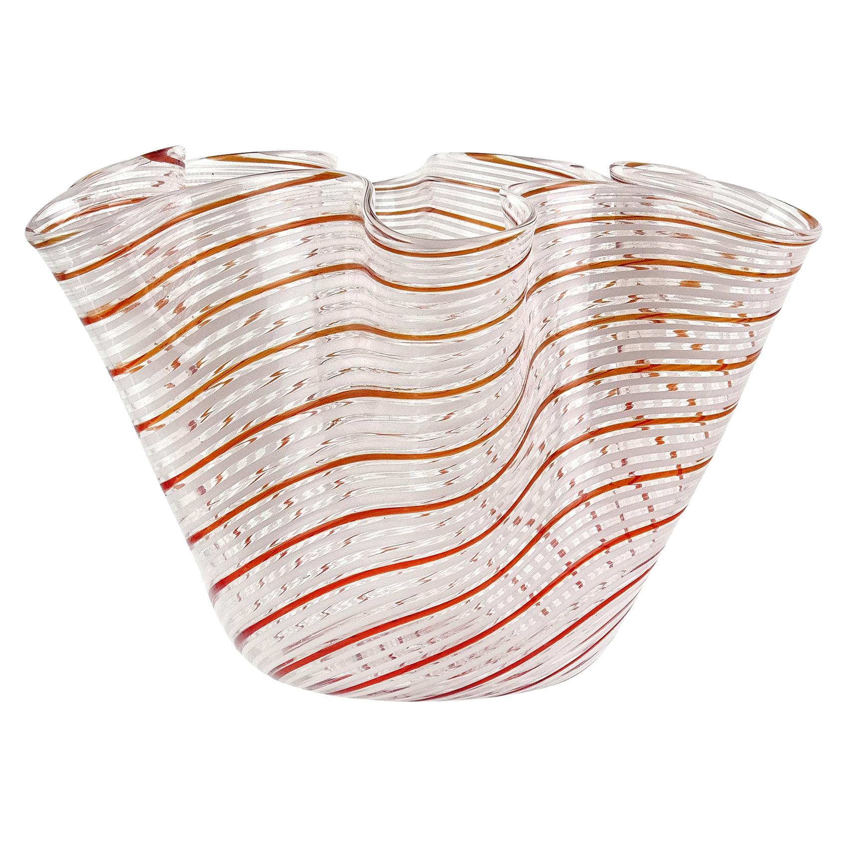 Dino Martens Murano Red Orange White Italian Art Glass Fazzoletto Flower Vase