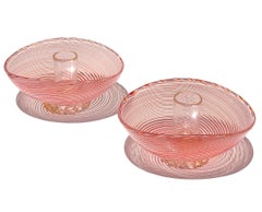 Dino Martens Murano Red White Ribbons Gold Leaf Italian Art Glass Candle Holders