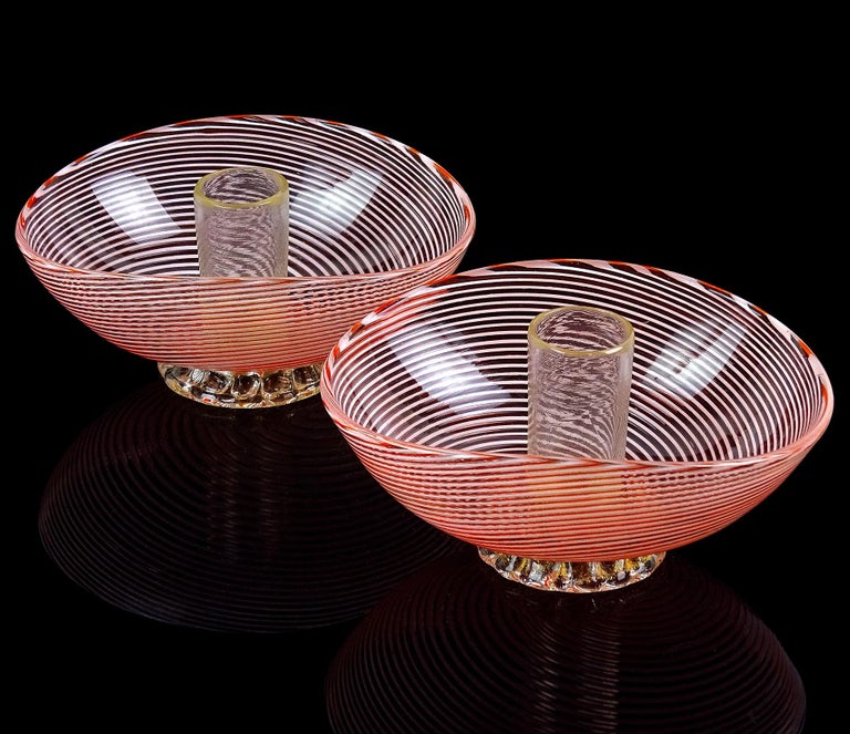 Mid-Century Modern Dino Martens Murano Red White Ribbons Gold Leaf Italian Art Glass Candle Holders For Sale