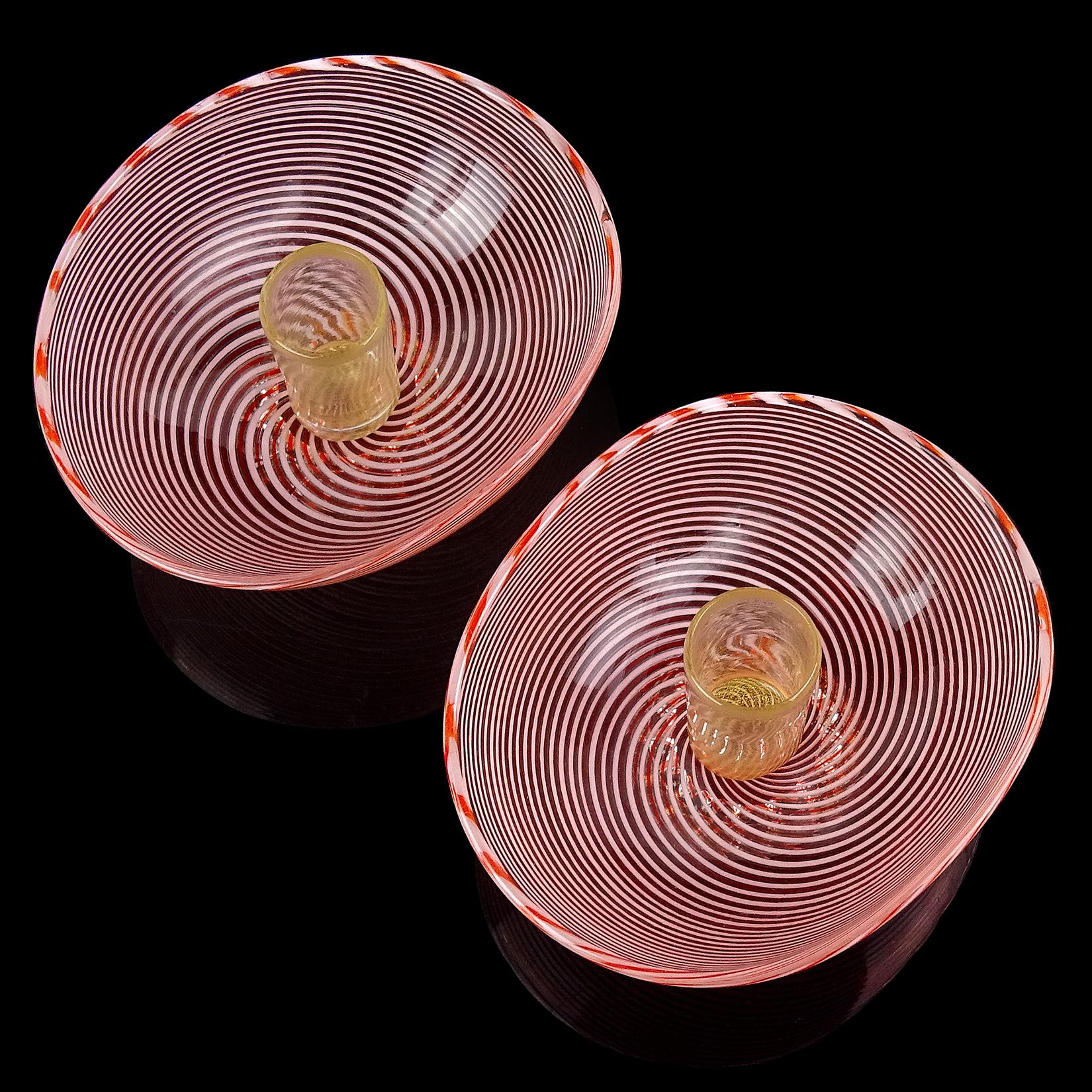 Mid-Century Modern Dino Martens Murano Red White Ribbons Gold Leaf Italian Art Glass Candle Holders For Sale