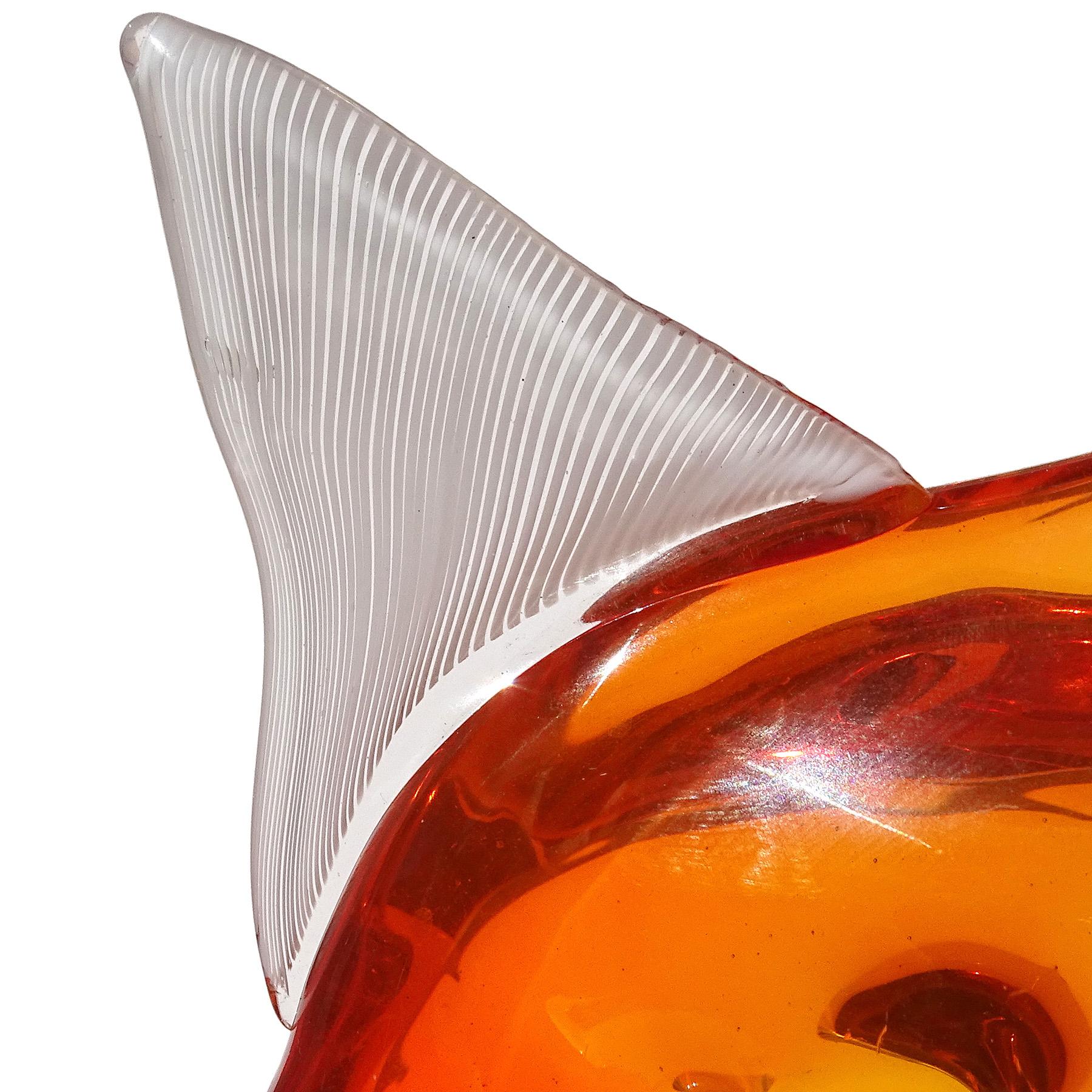 Hand-Crafted Dino Martens Murano Sommerso Orange White Fins Italian Art Glass Fish Sculpture For Sale