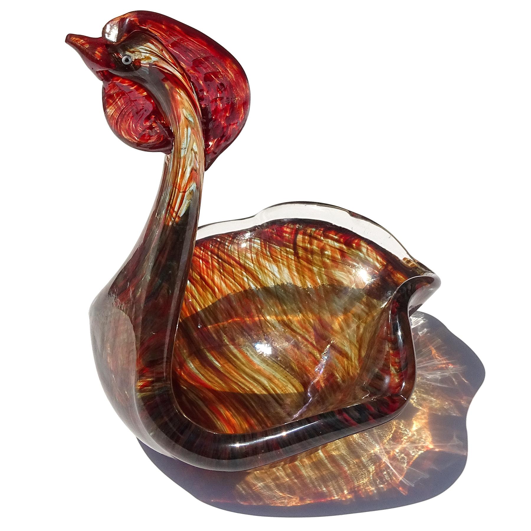 Large and rare, vintage Murano hand blown red and amber color threads decoration with iridescent surface Italian art glass rooster shape sculptural bird bowl. Documented to designer Dino Martens for Aureliano Toso, and published in his book (see